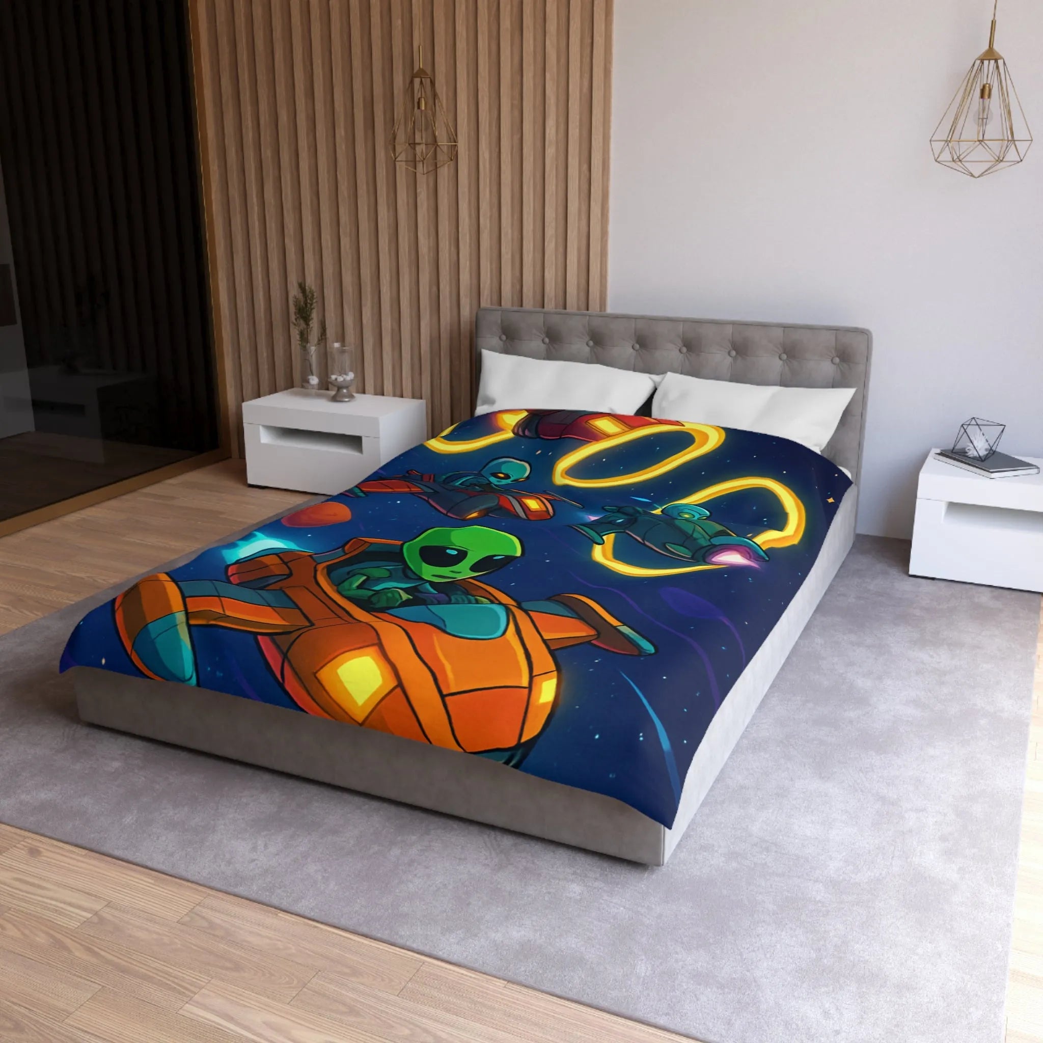 Housse de Couette avec Motifs d'Aliens en Course Spatiale et Anneaux Lumineux