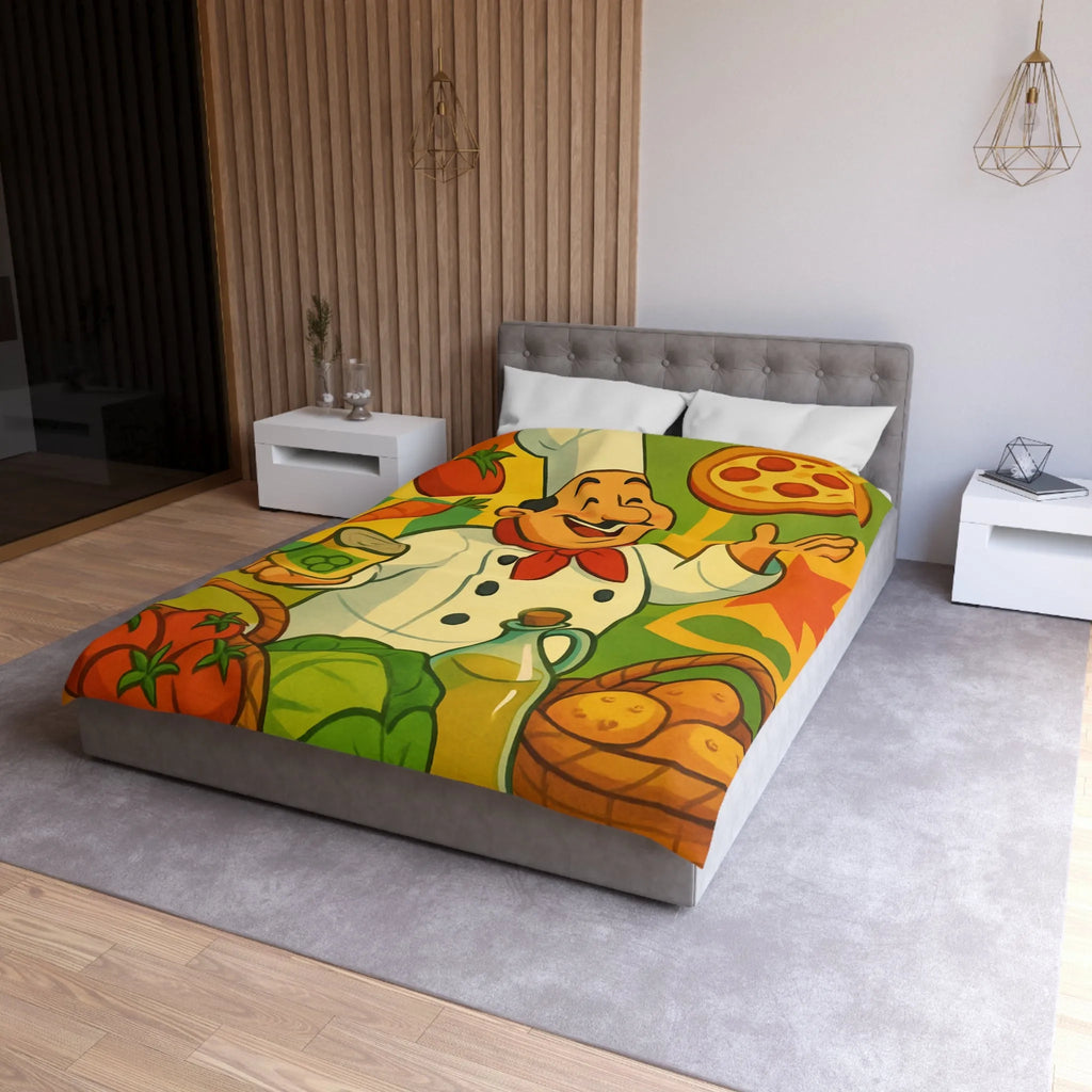 Housse de Couette Illustrée de Chef Heureux avec légumes et Pizza Méditerranéenne Colorée