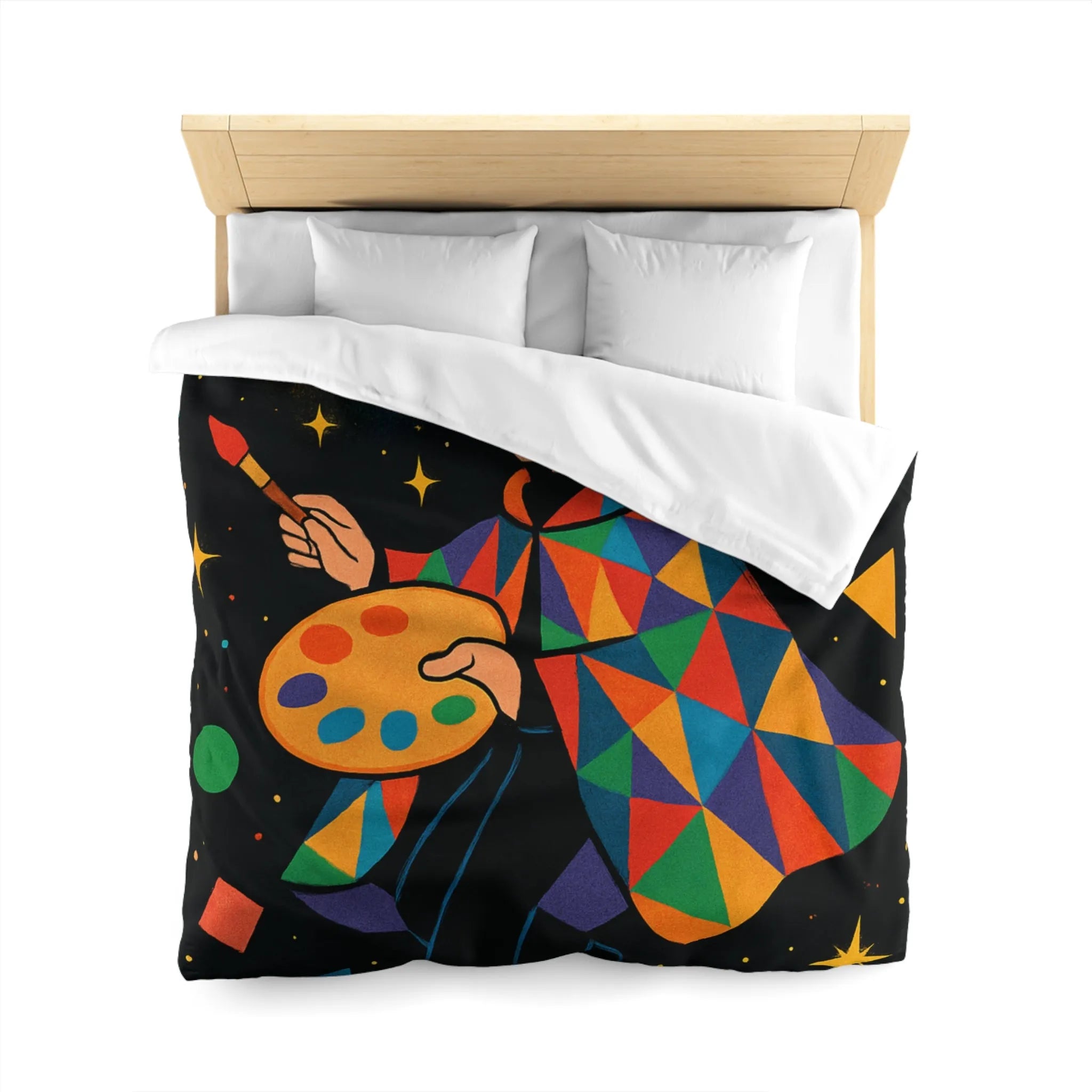 Housse de couette artiste colorée avec motifs géométriques et ciel étoilé magique