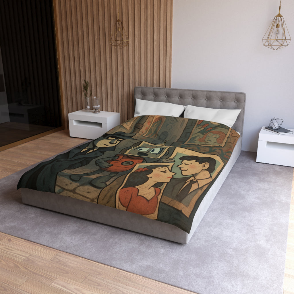 Housse de couette rétro robot vintage, style pop art, ambiance urbaine et romantique