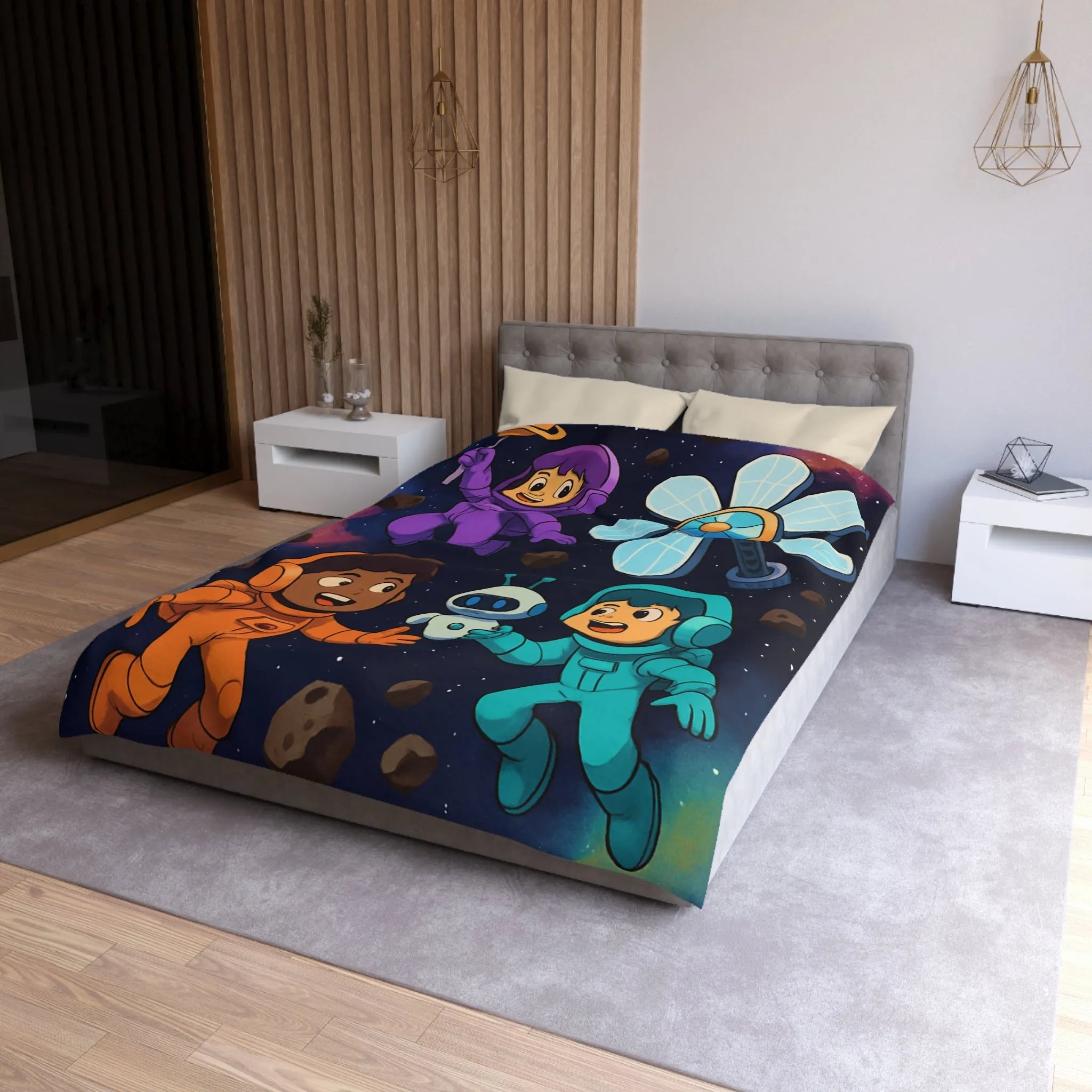 Housse de couette inspirée espace enfants, astronautes colorés, étoiles et planètes joyeuses