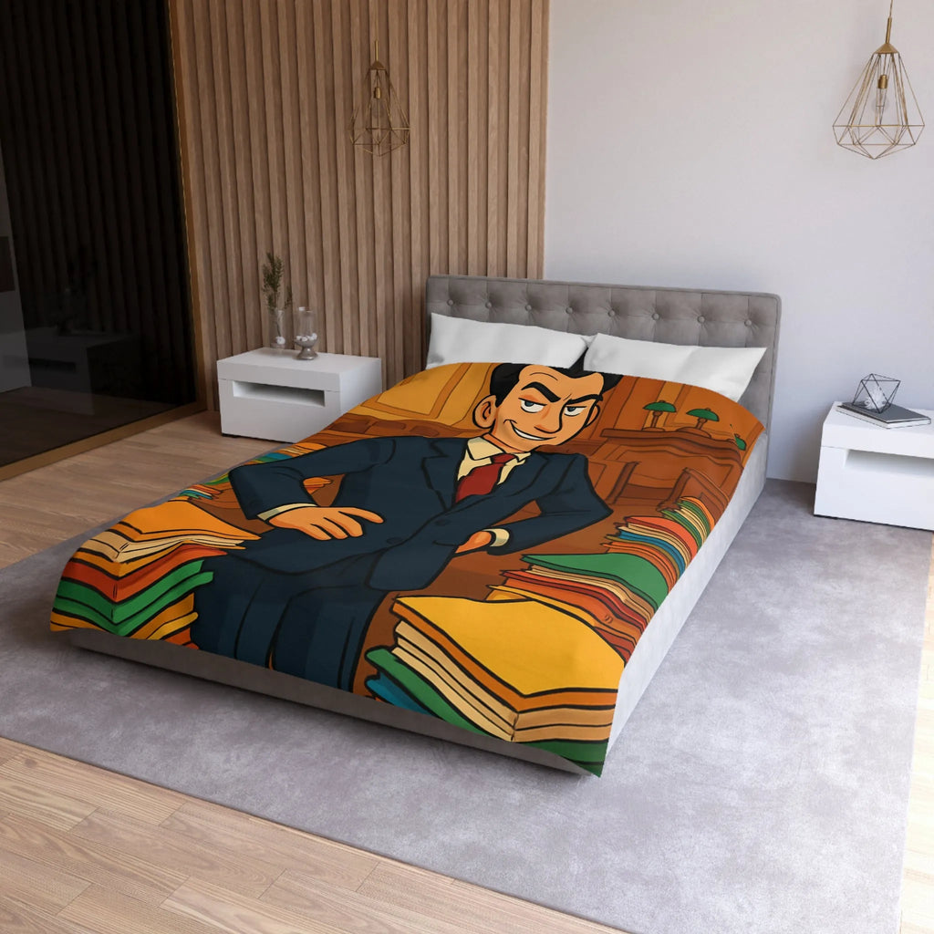 Élégante housse de couette rétro, piles de dossiers colorés, personnage confiant et distingué