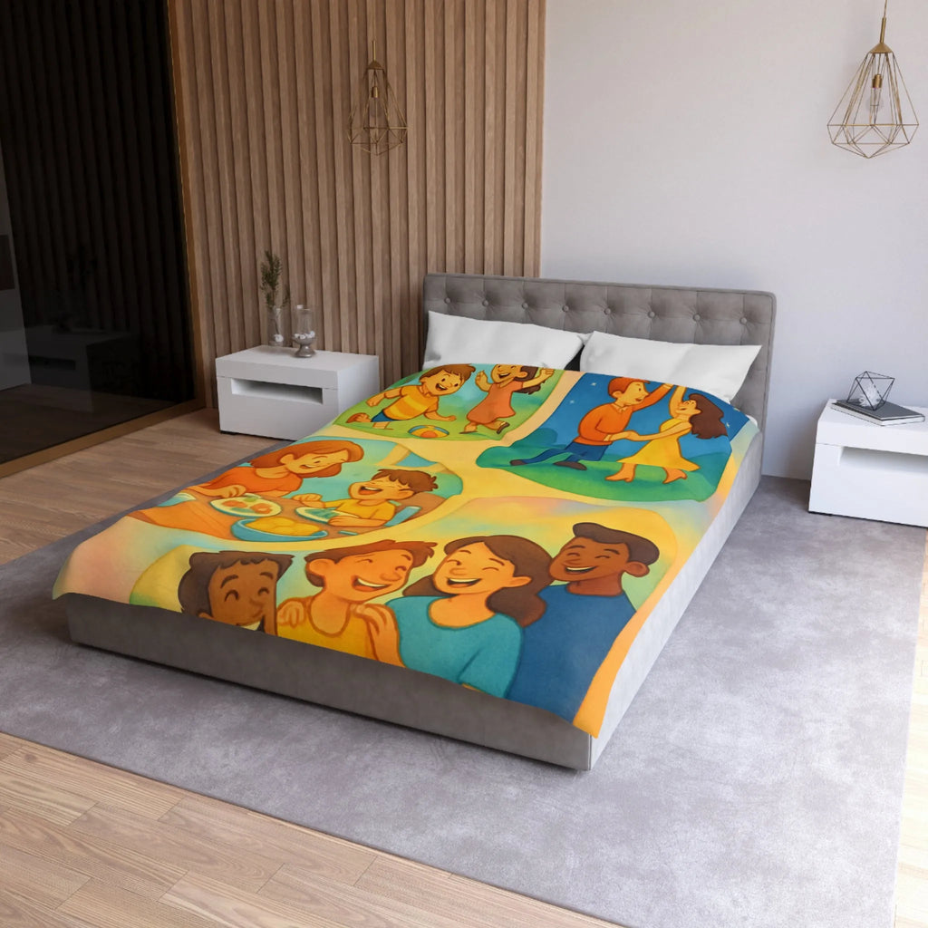 Housse de couette colorée illustrant des scènes joyeuses de la vie quotidienne familiale