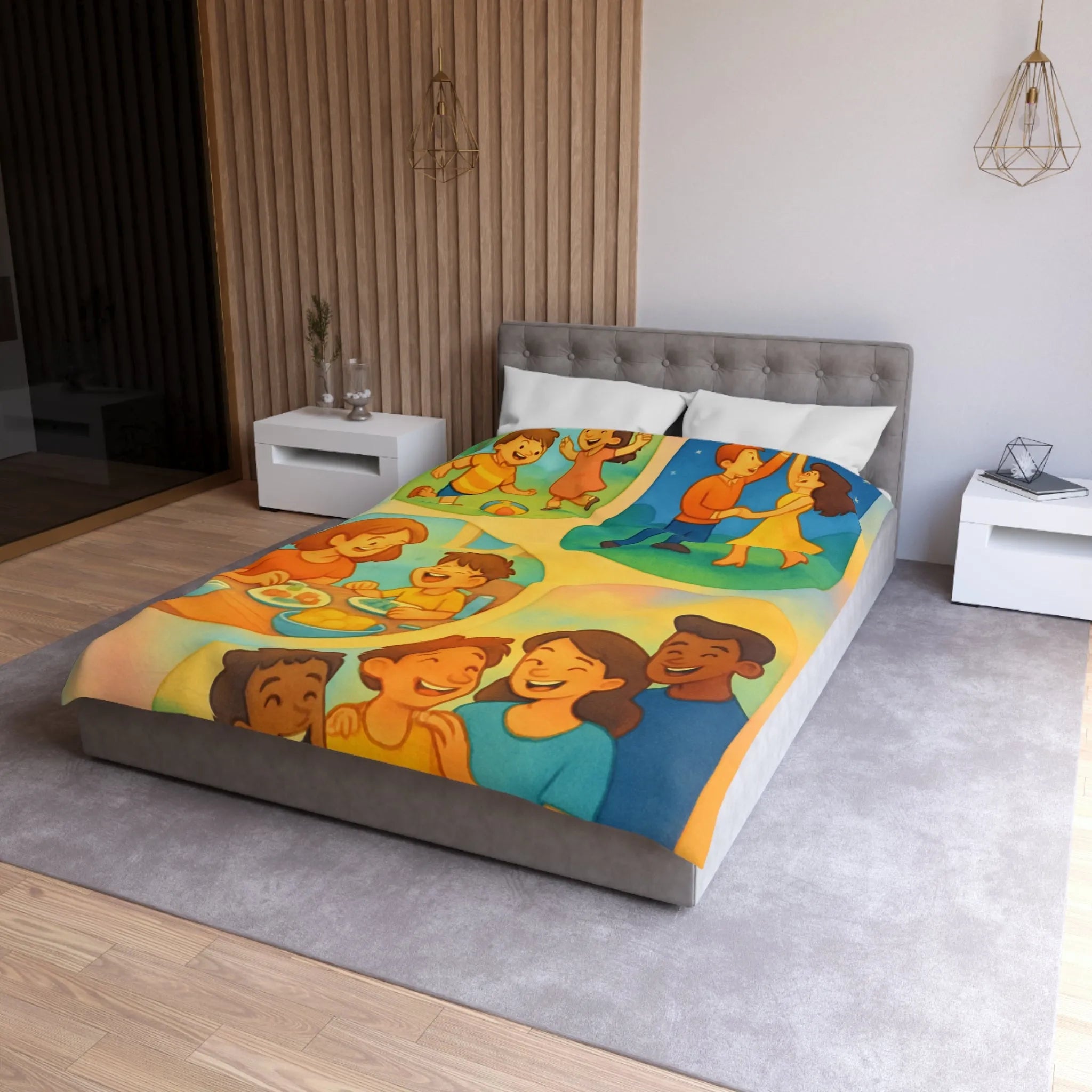 Housse de couette colorée illustrant des scènes joyeuses de la vie quotidienne familiale