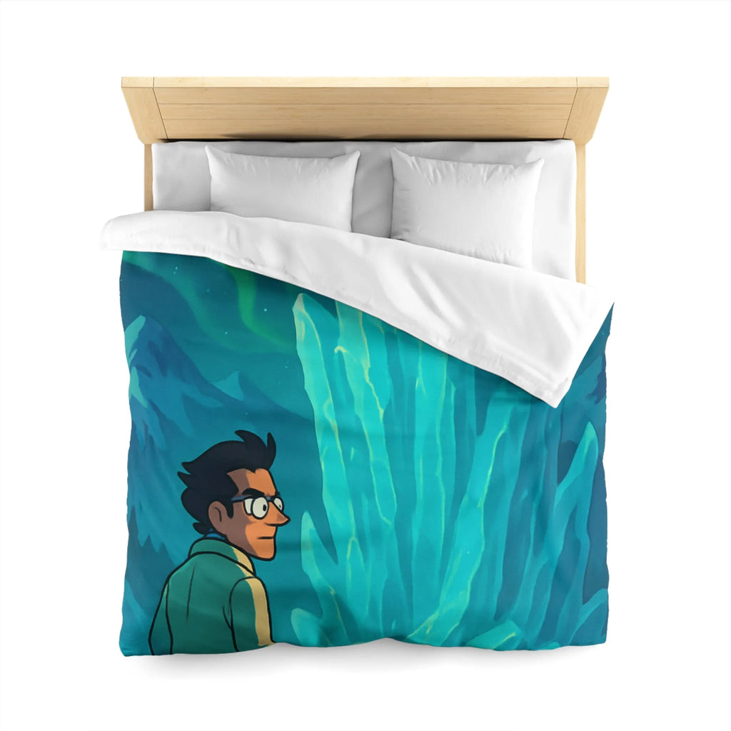 Décor polaire avec icebergs géants et exploration nocturne sous aurores boréales glaciales