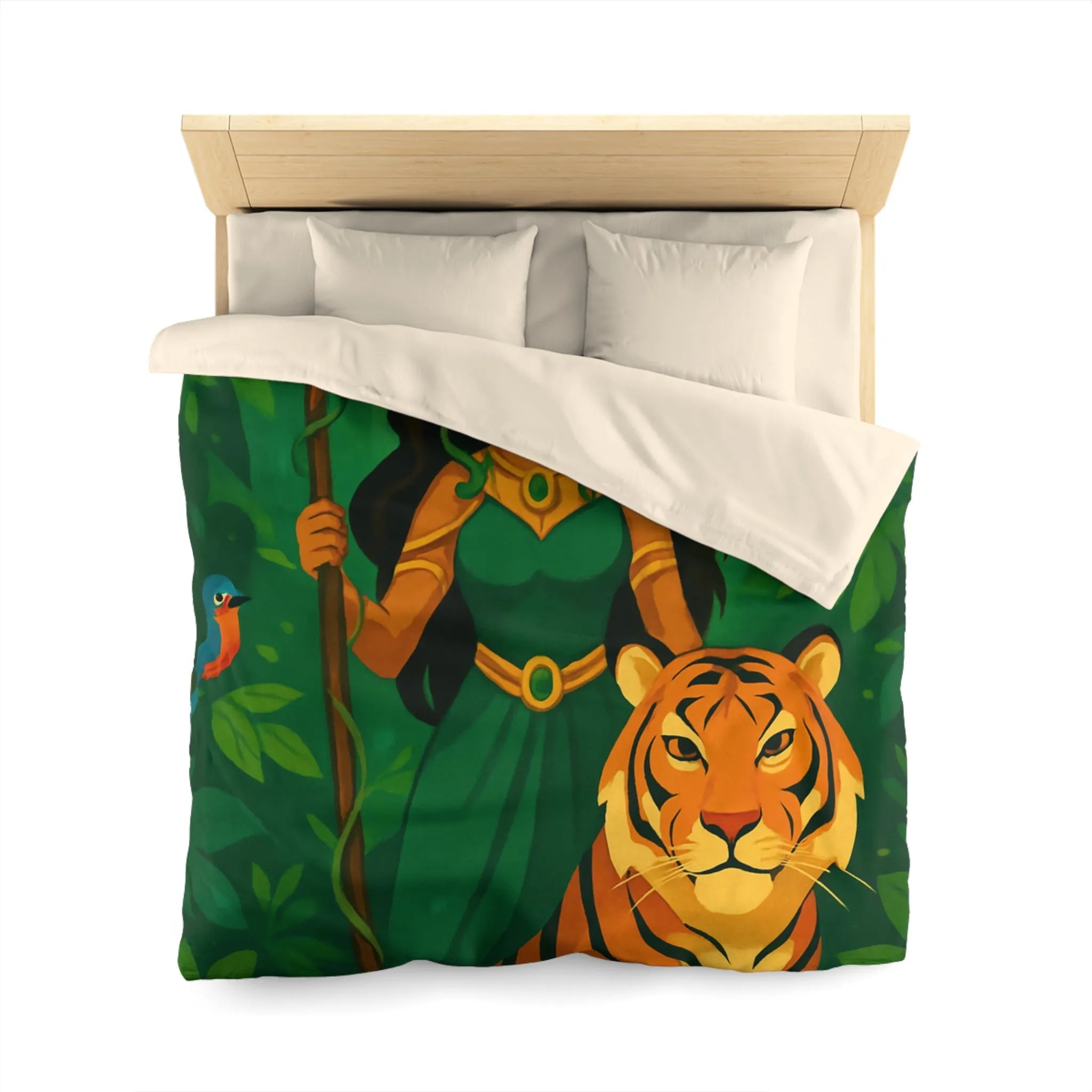 Housse de couette exotique avec tigre royal et gardienne mystique en forêt luxuriante