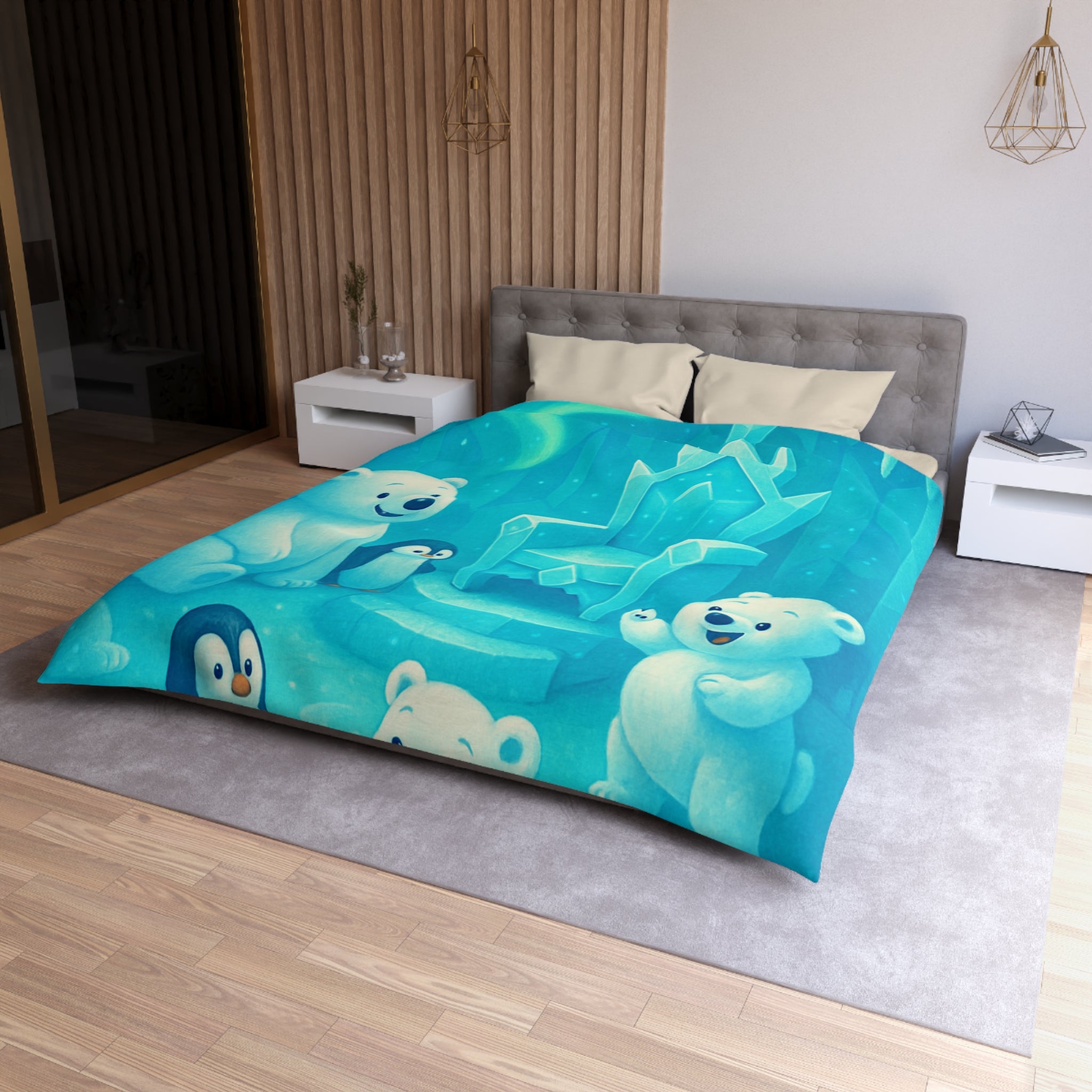 Housse de couette polaire avec ours et pingouins dans royaume glacial féerique