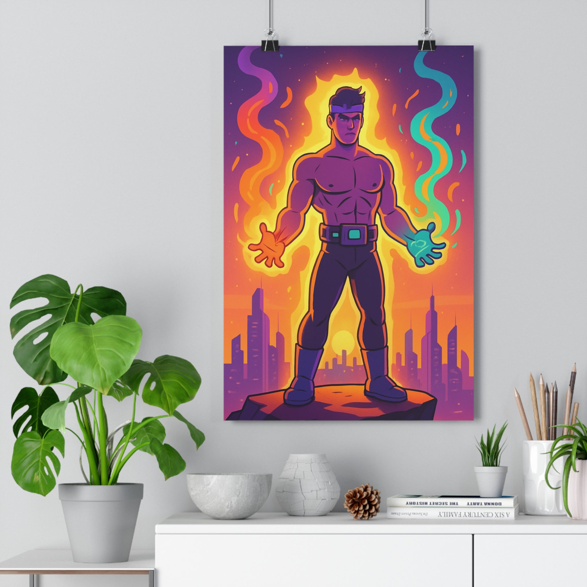 Poster décoratif animé violet orange turquoise puissant dynamique chambre salon 30x46 énergie personnage musclé