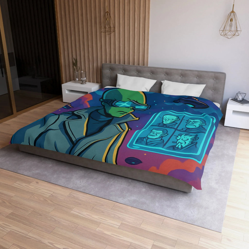 Housse de Couette Futuriste avec Alien et OVNIs, Style Bande Dessinée Colorée Science-Fiction