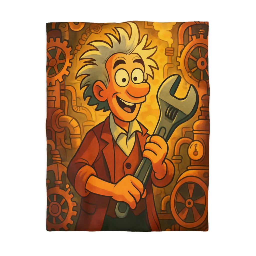 Housse de couette au style rétro avec inventeur animé dans un atelier coloré