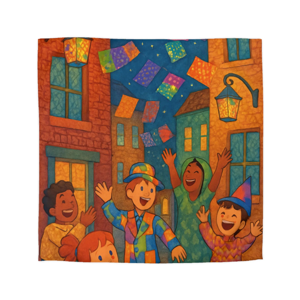 Housse de couette lumineuse enfants fête joyeuse rue colorée sous étoiles scintillantes