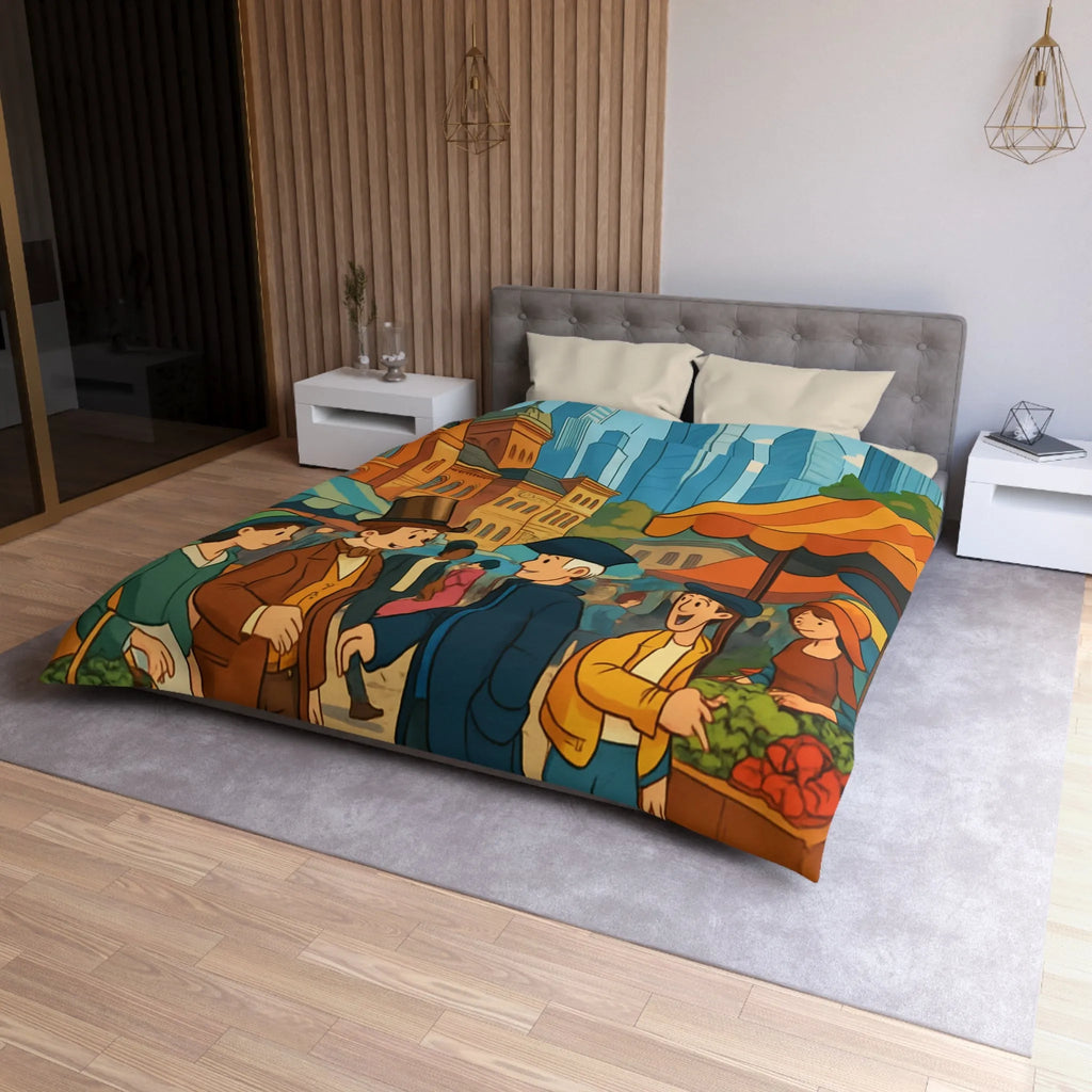 Housse de couette illustrée style rétro avec scène de marché urbain animé