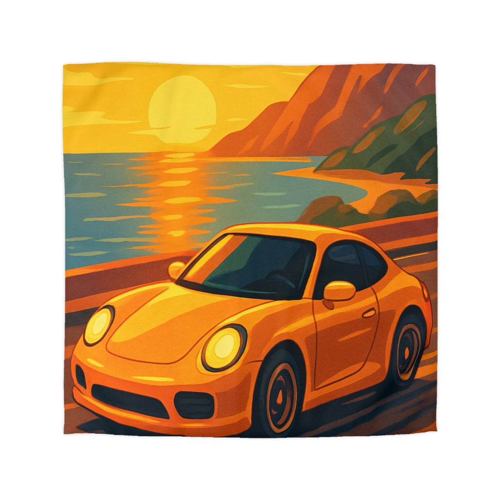 Housse de couette voiture sportive orange route côtière coucher de soleil paysage vibrant