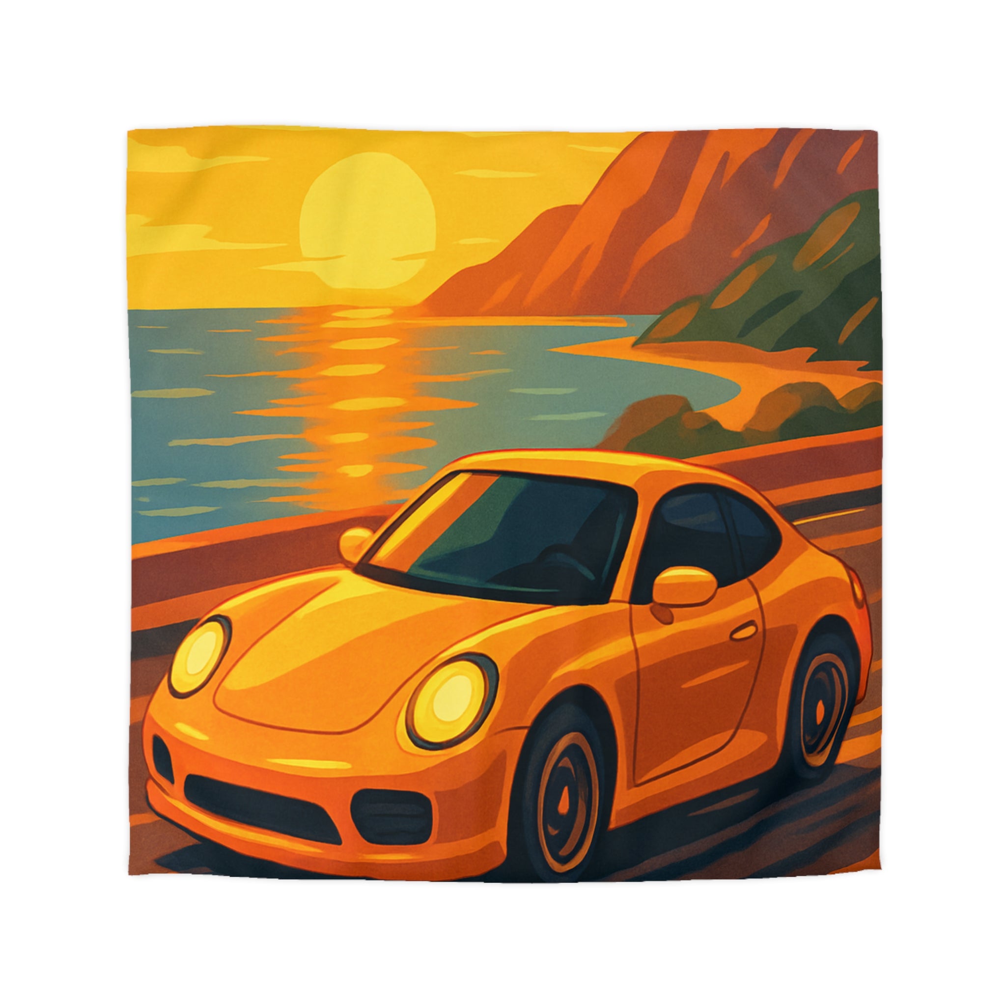 Housse de couette voiture sportive orange route côtière coucher de soleil paysage vibrant