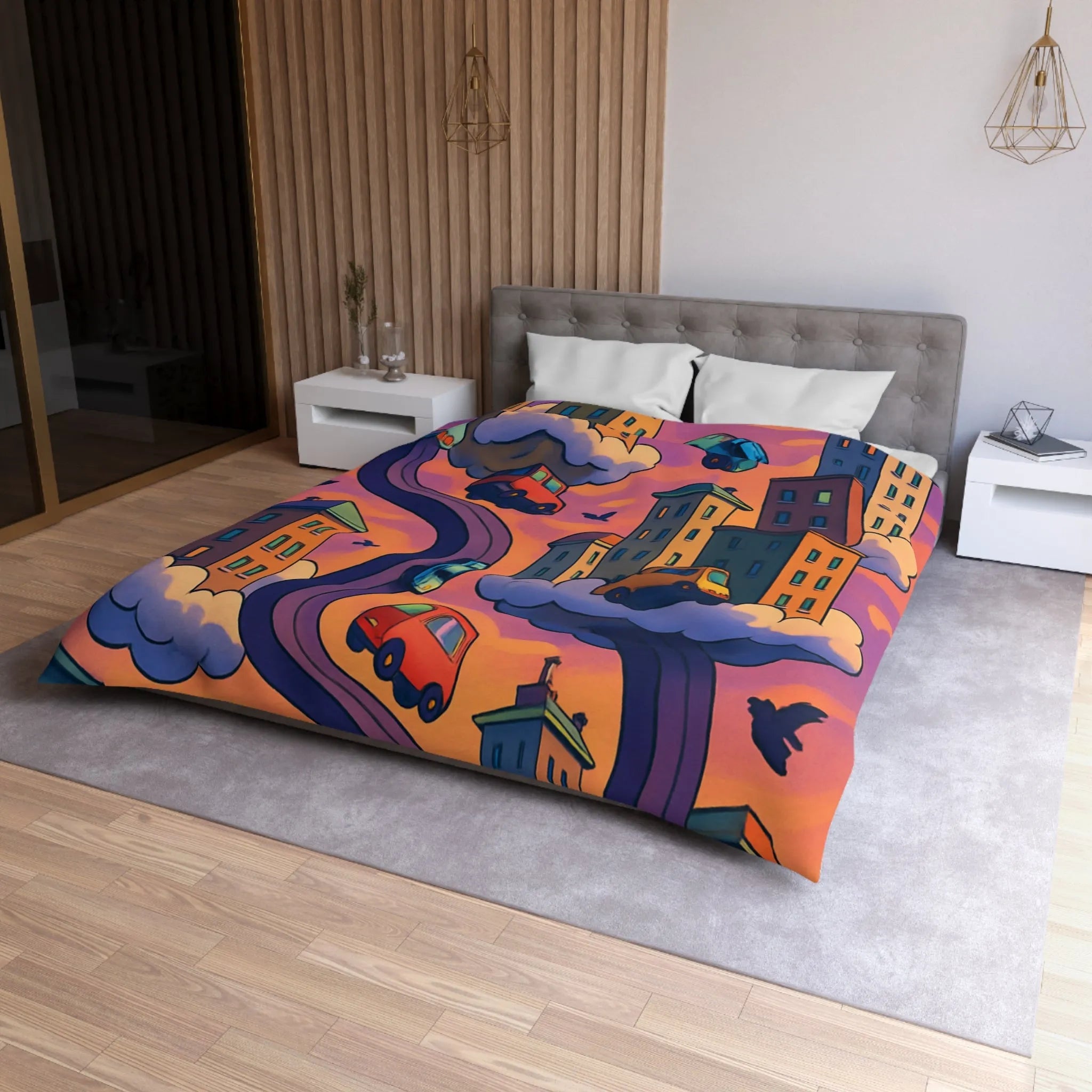 Housse de couette artistique avec voitures volantes et gratte-ciels à l'aube colorée