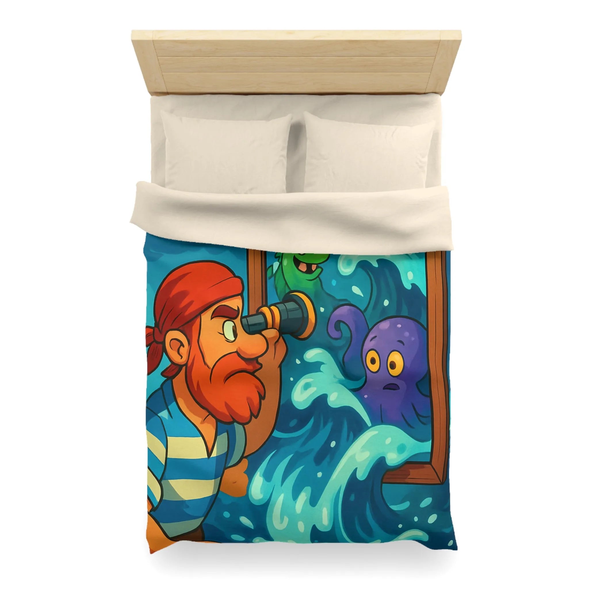 Housse de couette avec pirate observant créatures marines dans scène colorée et ludique