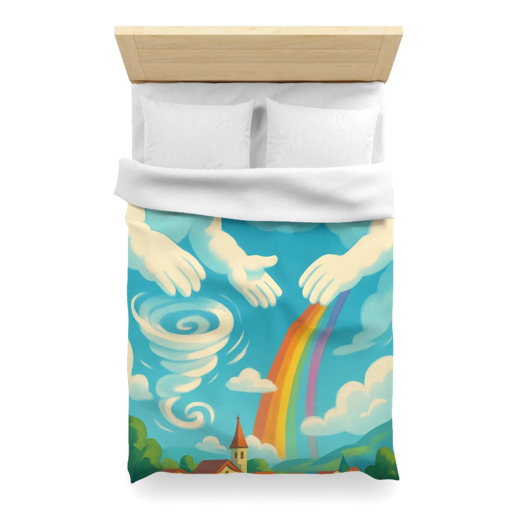 Art ludique de nuages souriants au-dessus d'un village teinté de couleurs vives