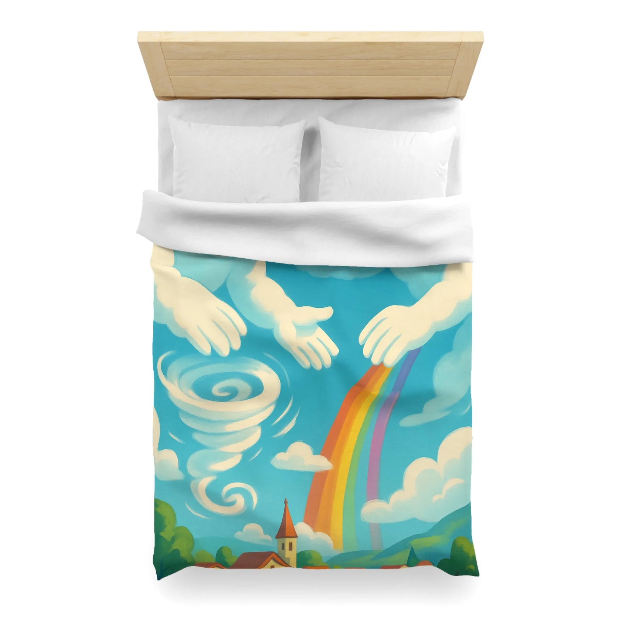 Art ludique de nuages souriants au-dessus d'un village teinté de couleurs vives