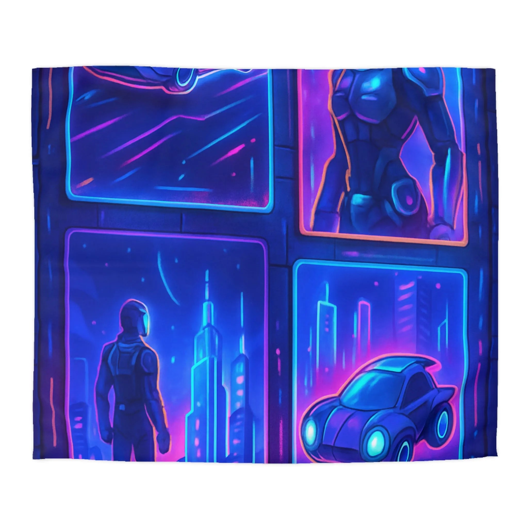 Couverture Futuriste Bleu Néon avec Silhouettes Humaines et Voitures Volantes Modernes