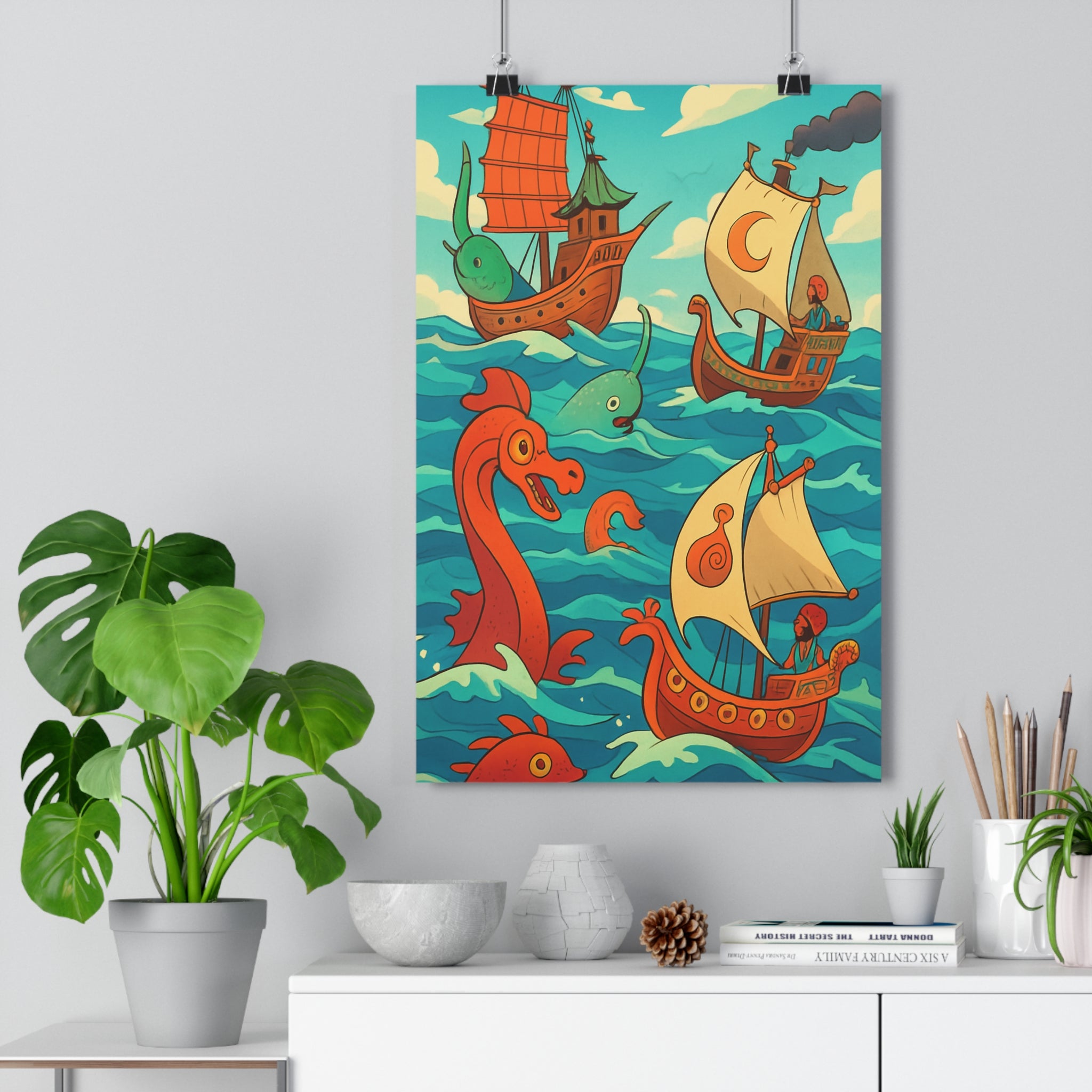 Poster décoratif surréaliste bleu orange salon chambre enfant aventure créatures mer onirique 30x46cm qualité