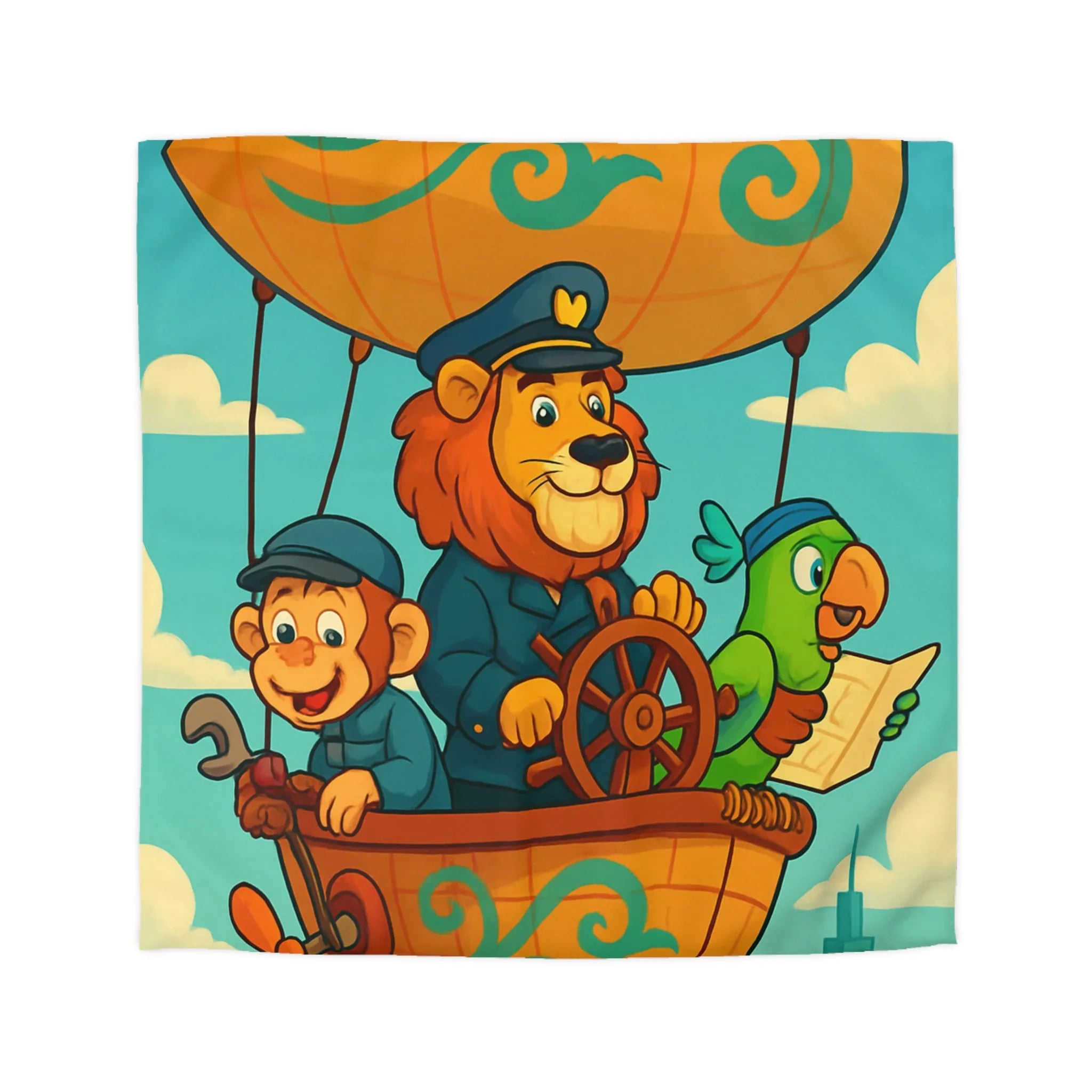 Housse de couette enfant avec montgolfière lion, singe, perroquet colorée et joyeuse