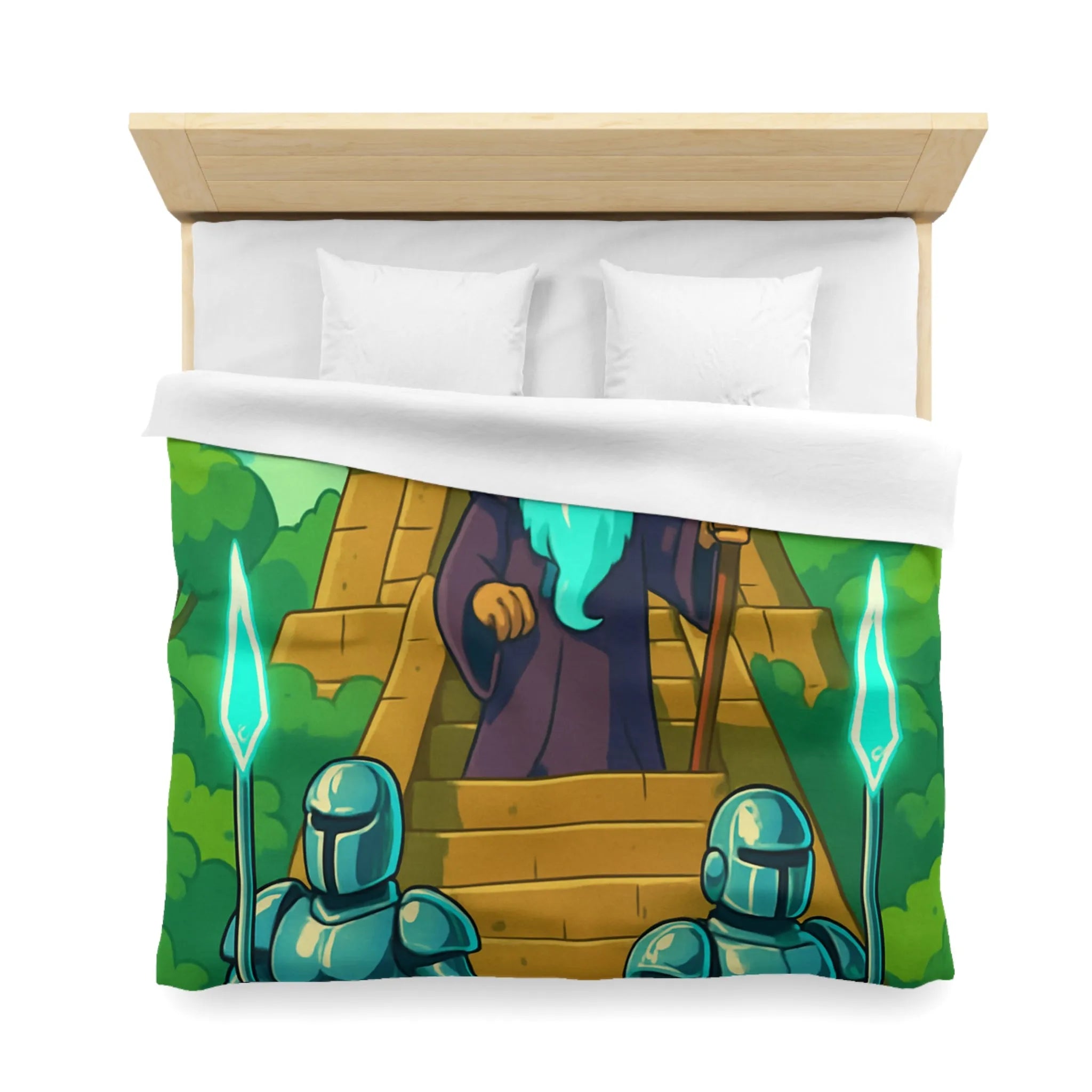 Enchanted Pyramid Landscape with Wizard and Glowing Guardians for Magical Bedding Decor