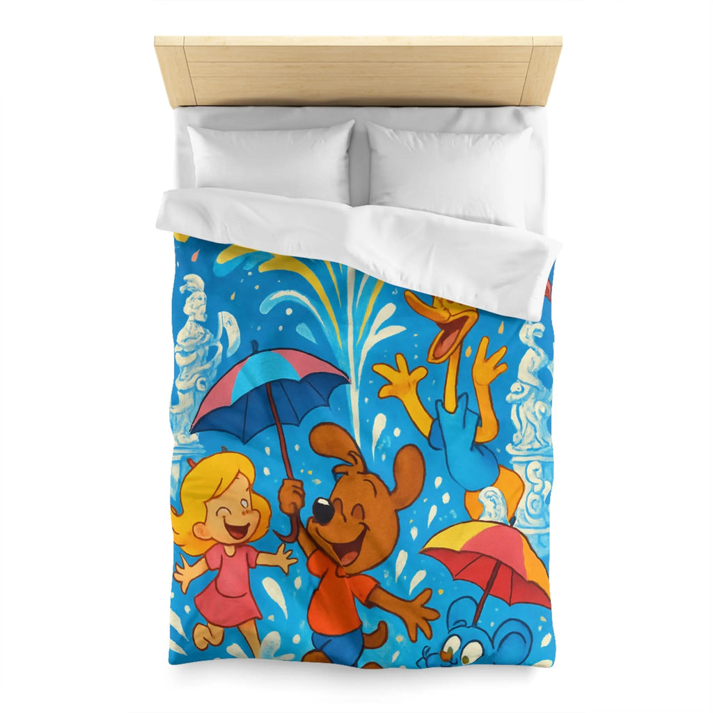 Housse de couette joyeuse avec animaux et enfants sous feux d'artifice colorés