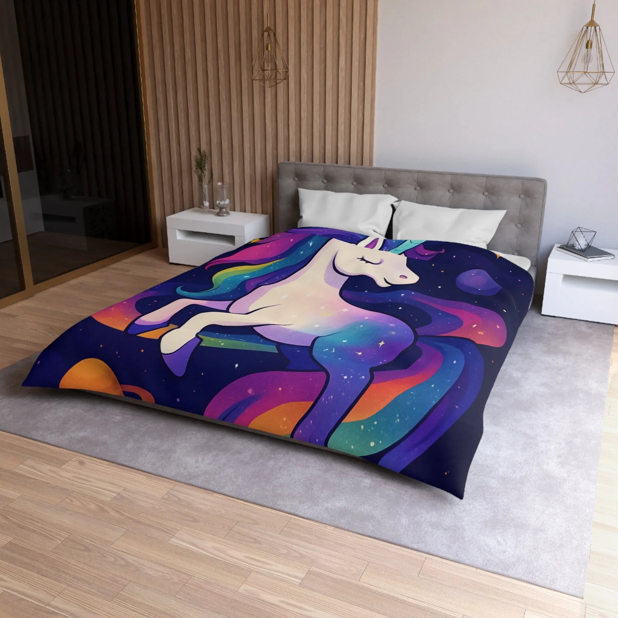Housse de couette féerique avec licorne et planètes dans un ciel étoilé vibrant