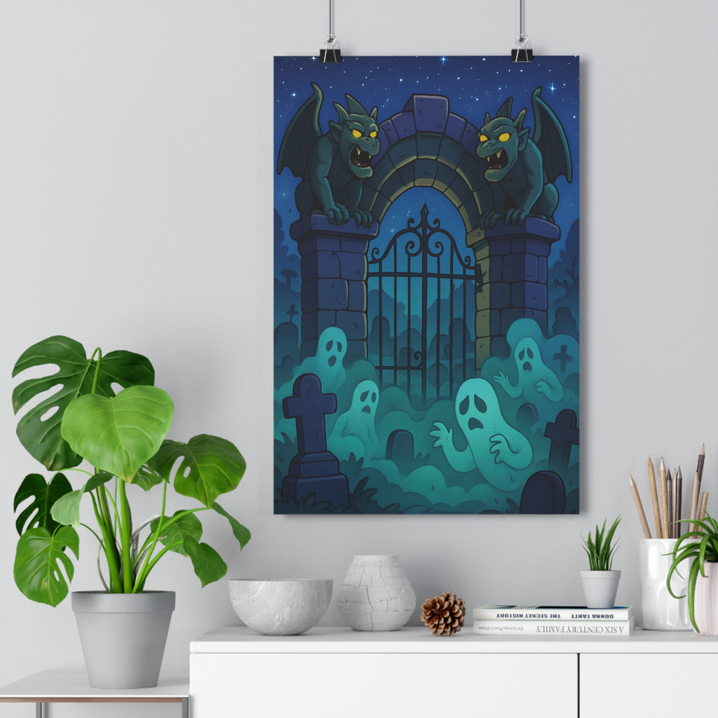 Poster décoratif mystique cimetière gargouille dessin animé sombre gothique bleu noir fantôme chambre ambiance