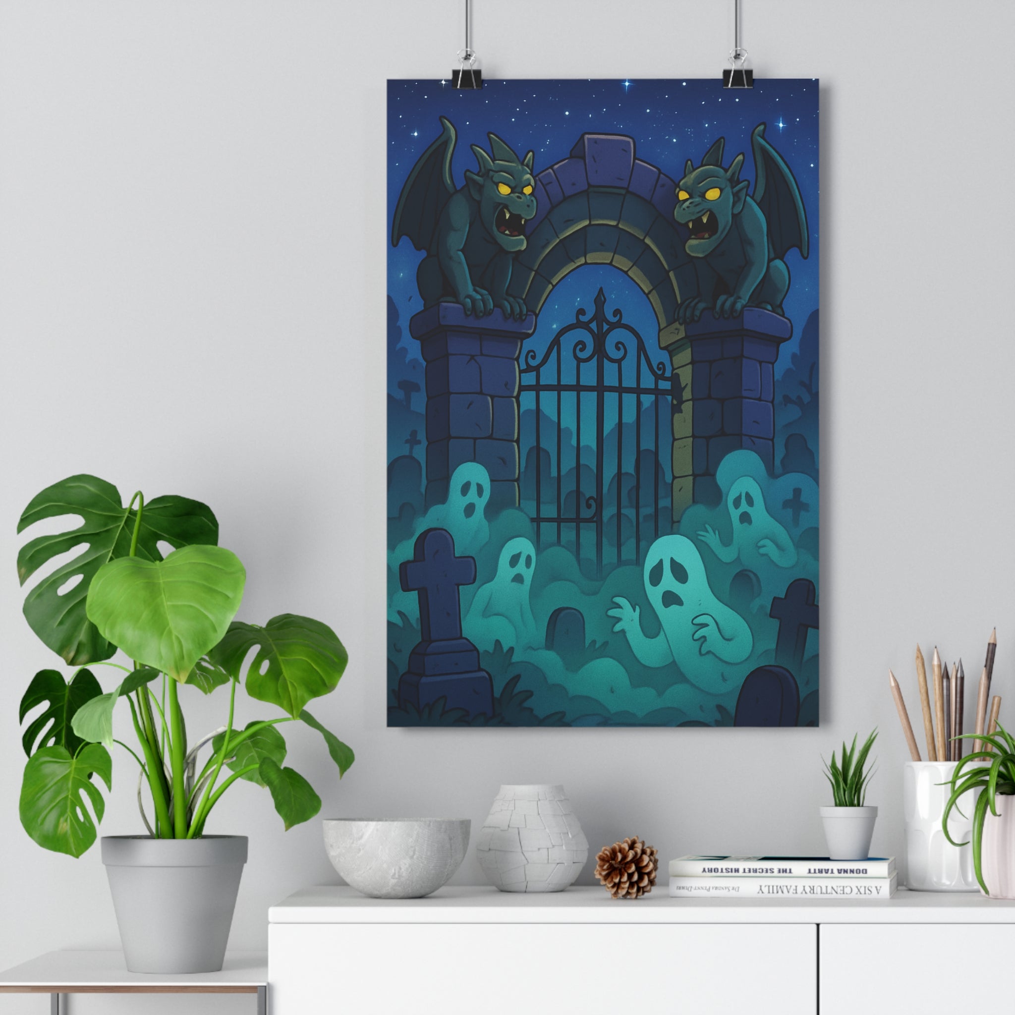 Poster décoratif mystique cimetière gargouille dessin animé sombre gothique bleu noir fantôme chambre ambiance
