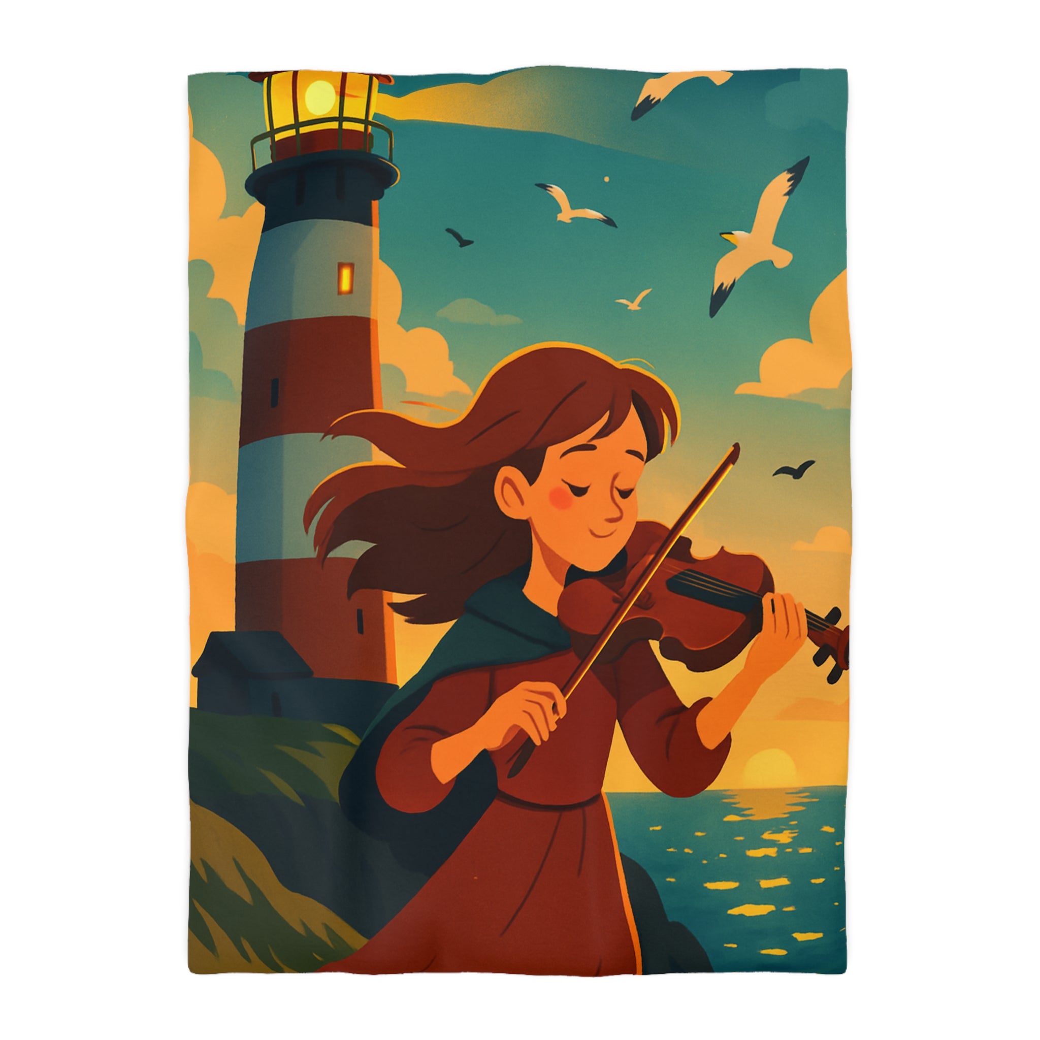Housse de Couette Unique avec Fille Jouant du Violon Devant un Phare au Crépuscule