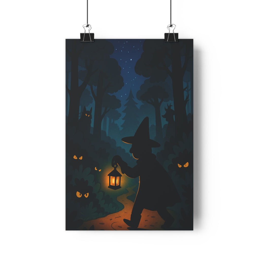 Poster décoratif mystique forêt silhouette lanterne anime sombre vert ambiance mystérieuse chambre salon qualité