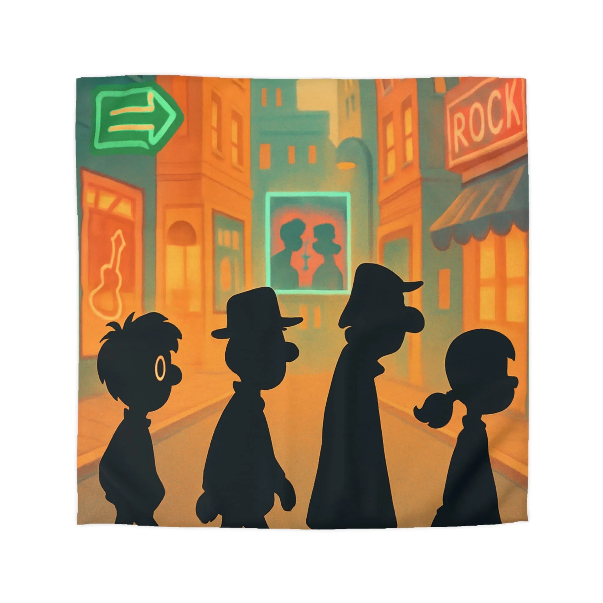 Housse de couette illustrée avec silhouettes sur passage piéton en ville animée colorée