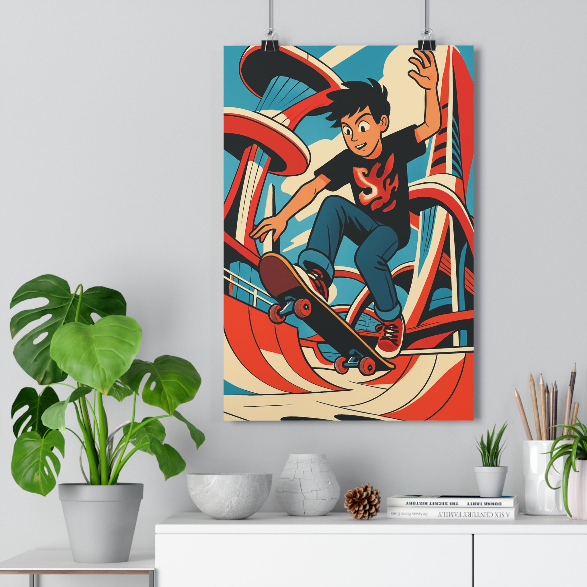 Poster décoratif skateur moderne rouge bleu beige chambre salon dynamique cartoon vibrant 30x46 architecture