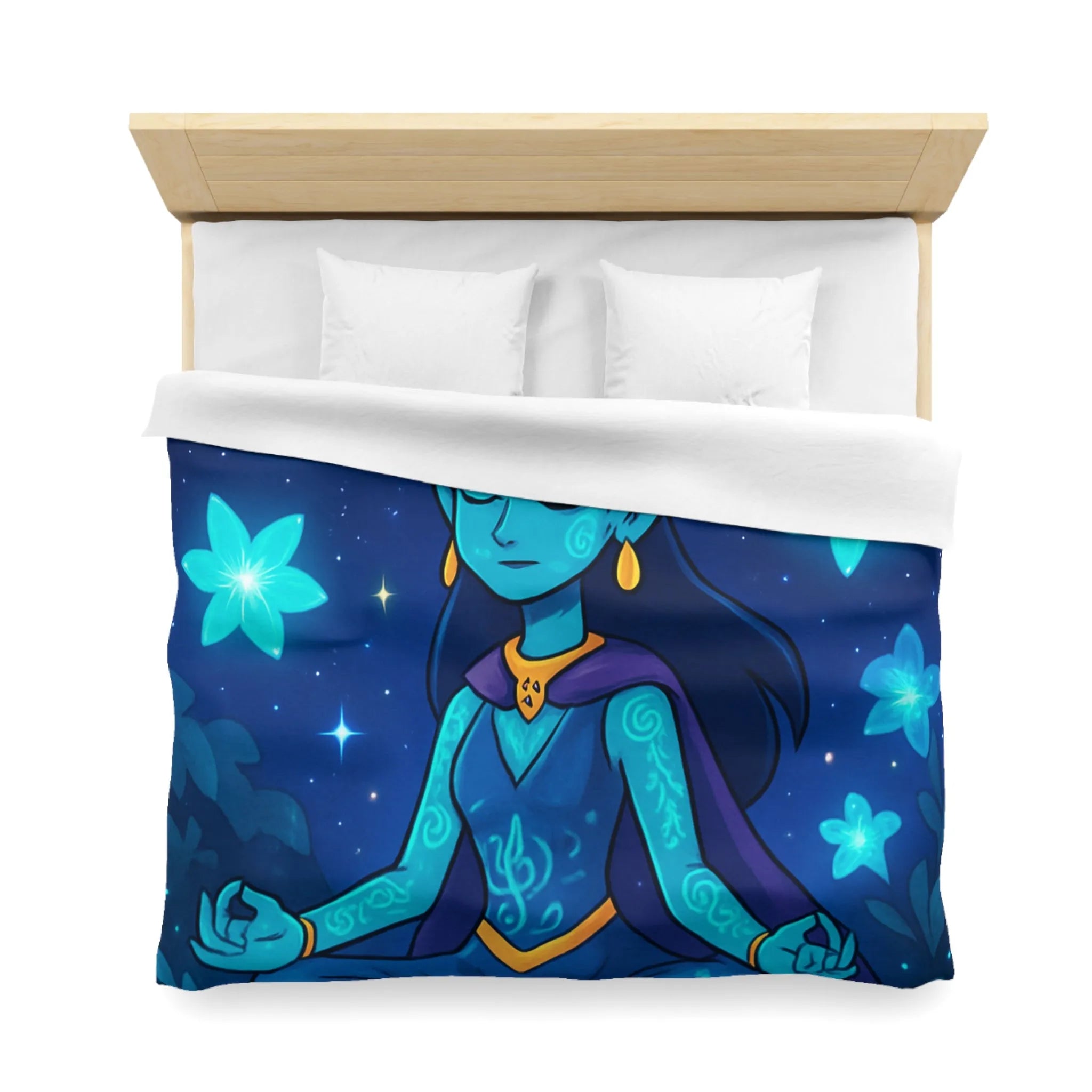 Housse de Couette Élégante avec Déesse Méditative et Étoiles, Ambiance Nocturne Mystique