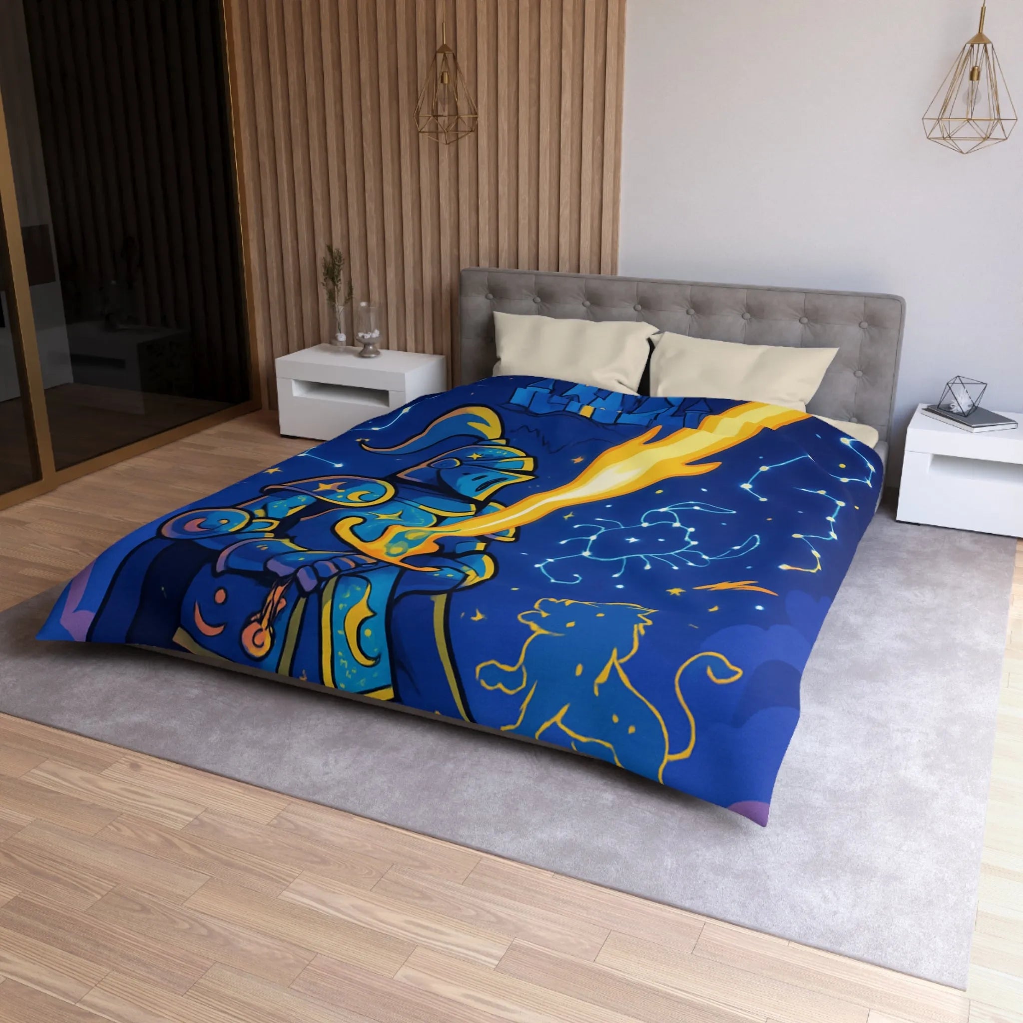 Housse de couette ludique pour chambre enfant avec chevalier et constellations étoilées magiques