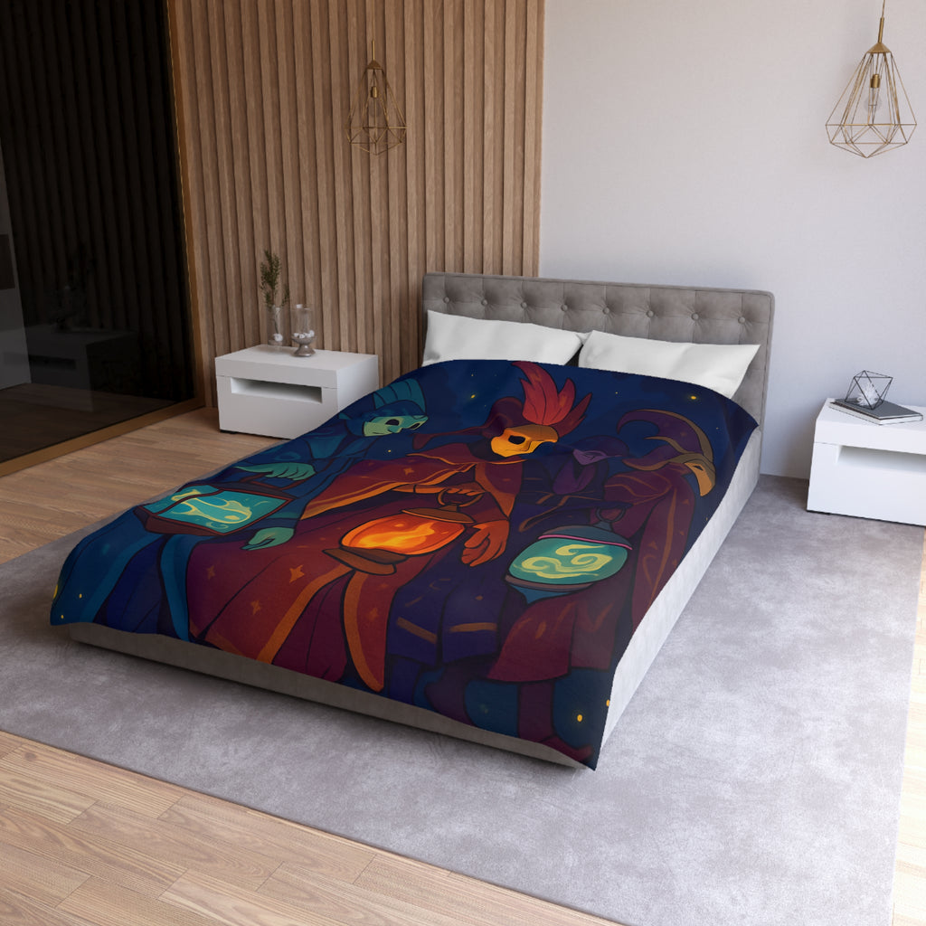 Housse de couette mystérieuse avec personnages masqués et lanternes en forêt étoilée