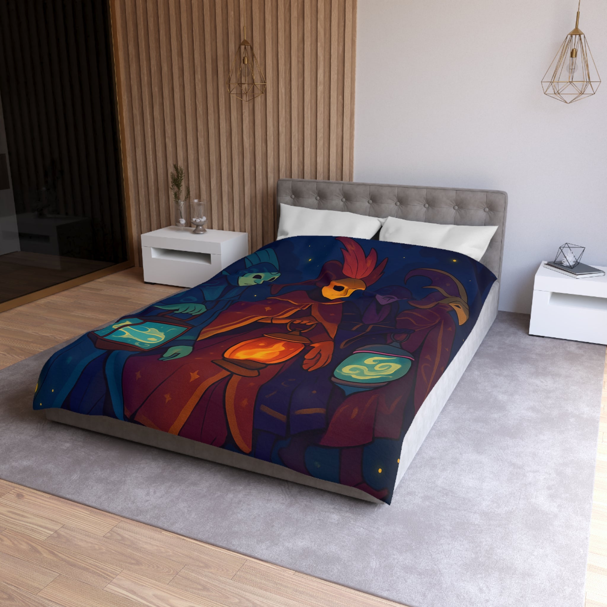 Housse de couette mystérieuse avec personnages masqués et lanternes en forêt étoilée