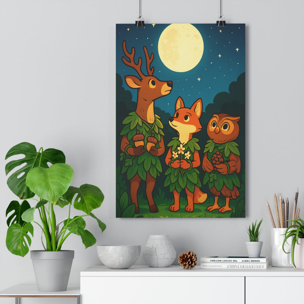 Poster décoratif forêt magique vert bleu nocturne anime paisible enchanté salon chambre nature élégant