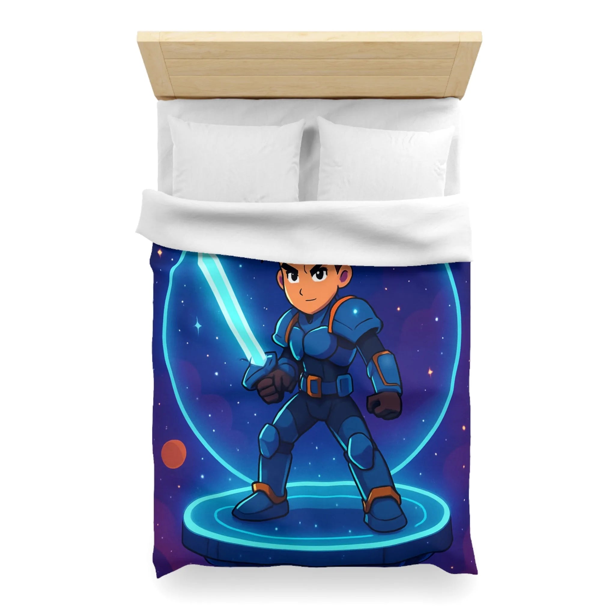 Ensemble galactique animé avec jeune héros et épée lumineuse sur fond cosmique vibrant