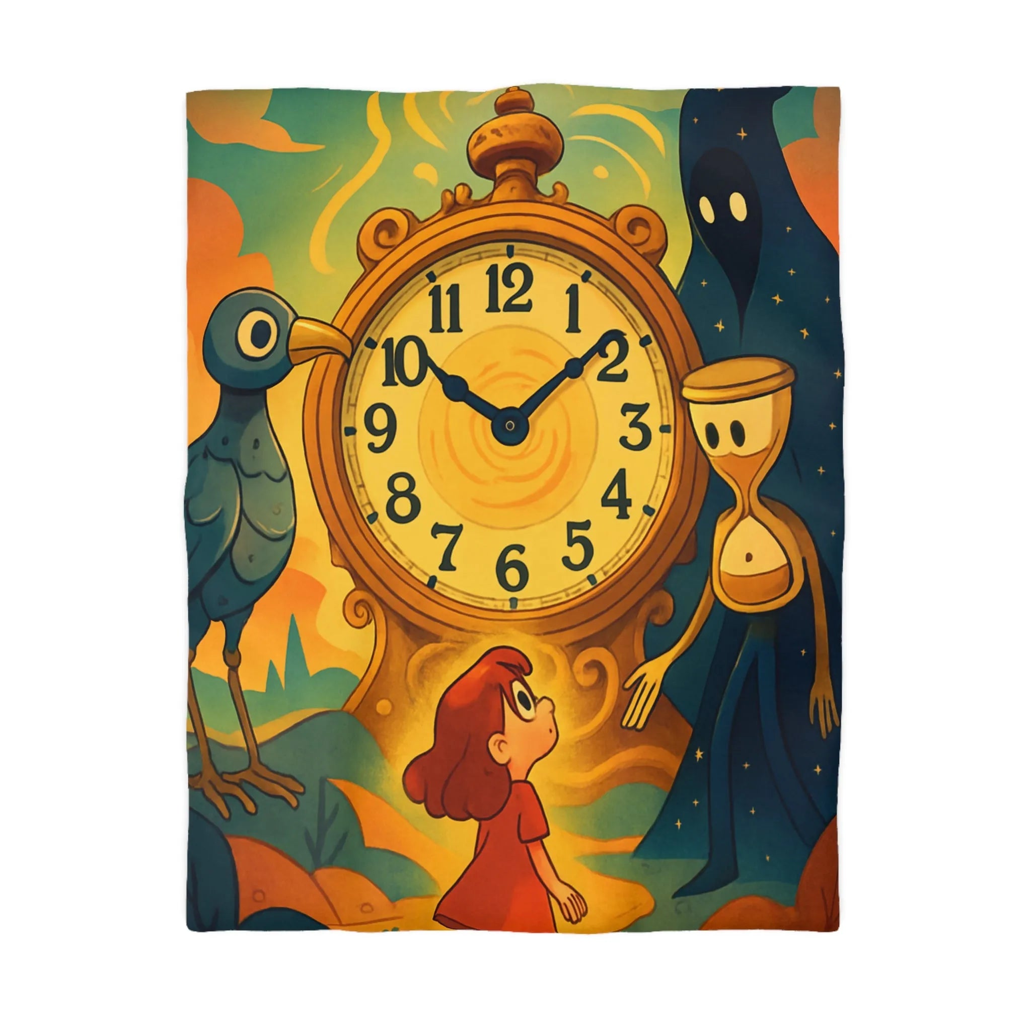 Housse de couette fantastique avec horloge magique et personnages mystérieux en illustration onirique