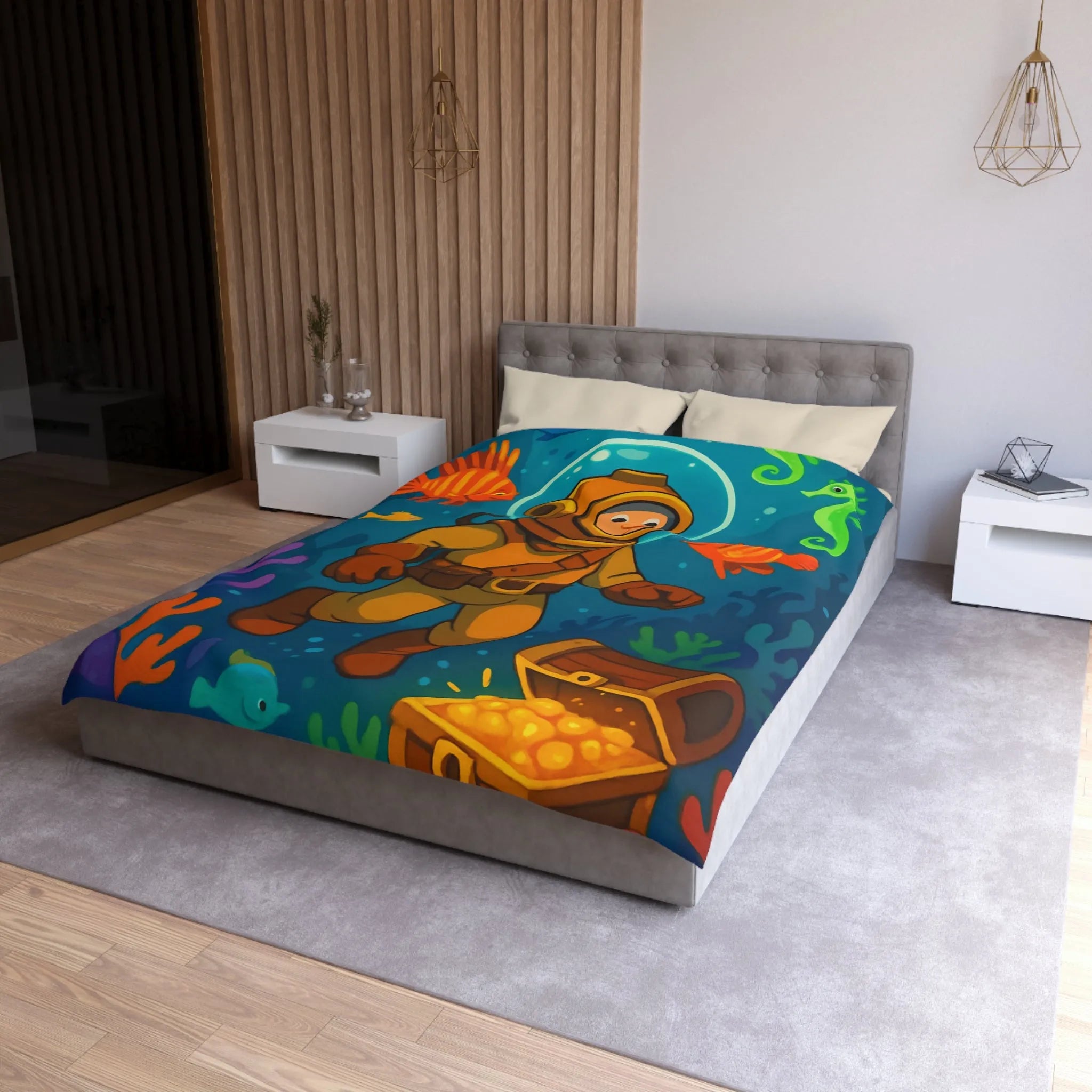 Housse de couette enfant aventure sous-marine avec plongeur et trésor coloré en dessin animé