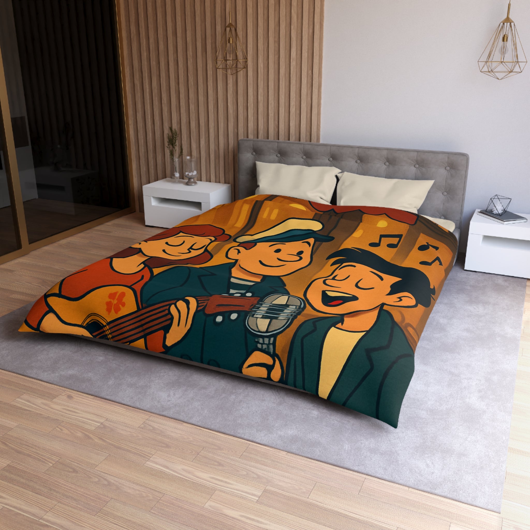 Housse de Couette Vintage avec Scène de Musique de Rue Nocturne et Personnages Colorés