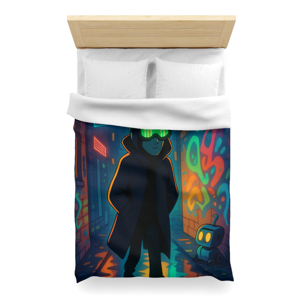 Housse de couette néon, ruelle urbaine cyberpunk avec technologie futuriste et graffitis colorés