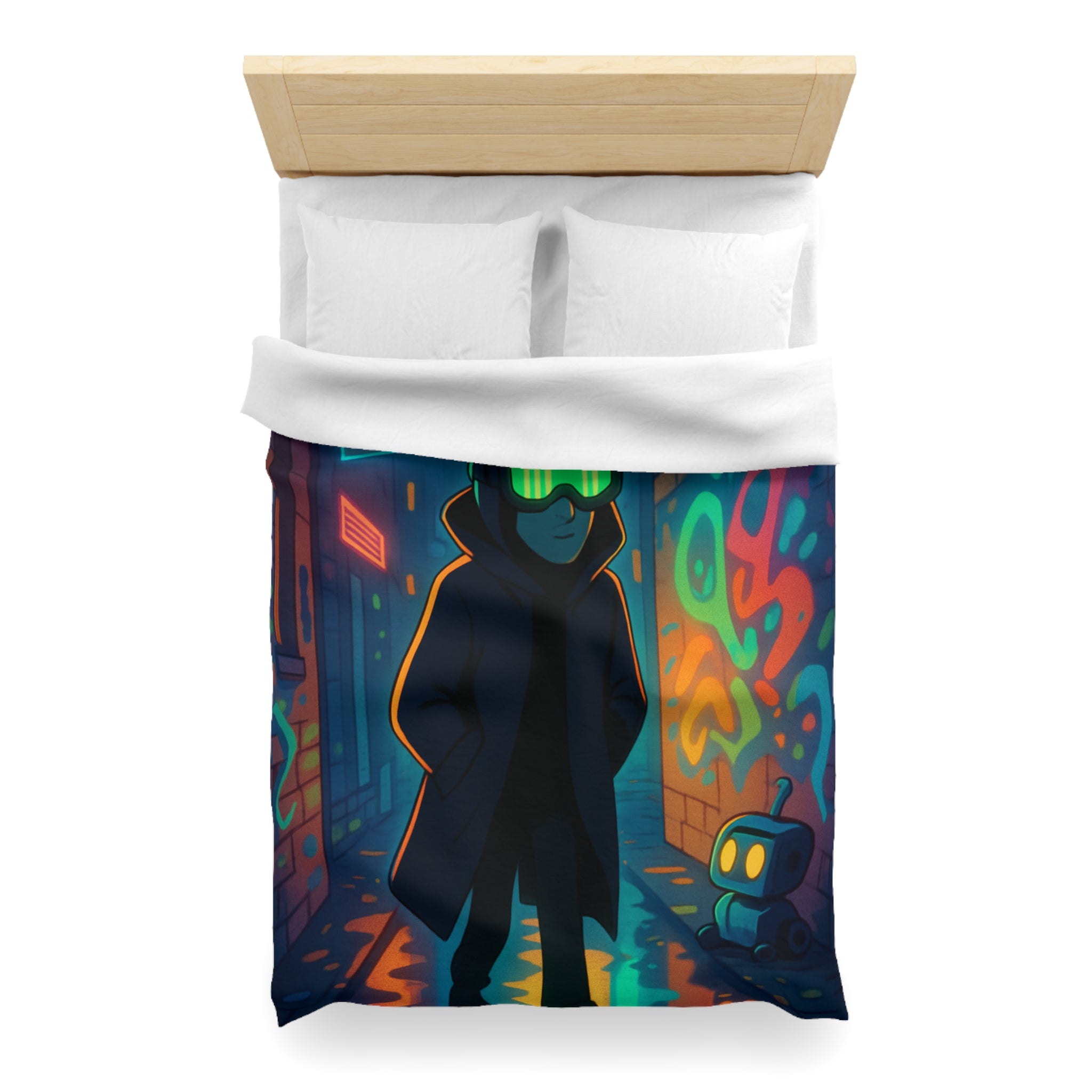 Housse de couette néon, ruelle urbaine cyberpunk avec technologie futuriste et graffitis colorés