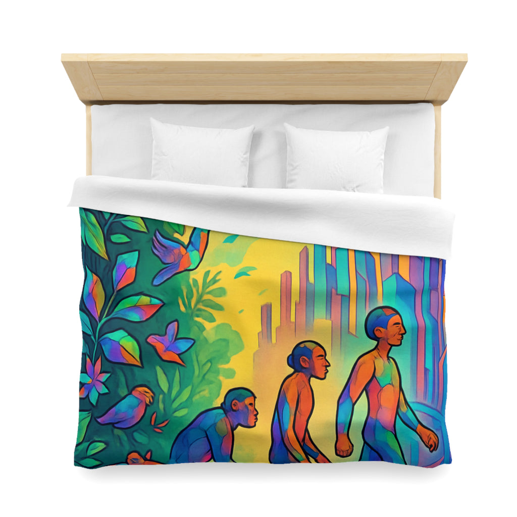 Housse de couette vibrante d'évolution humaine sur fond de jungle et de gratte-ciel