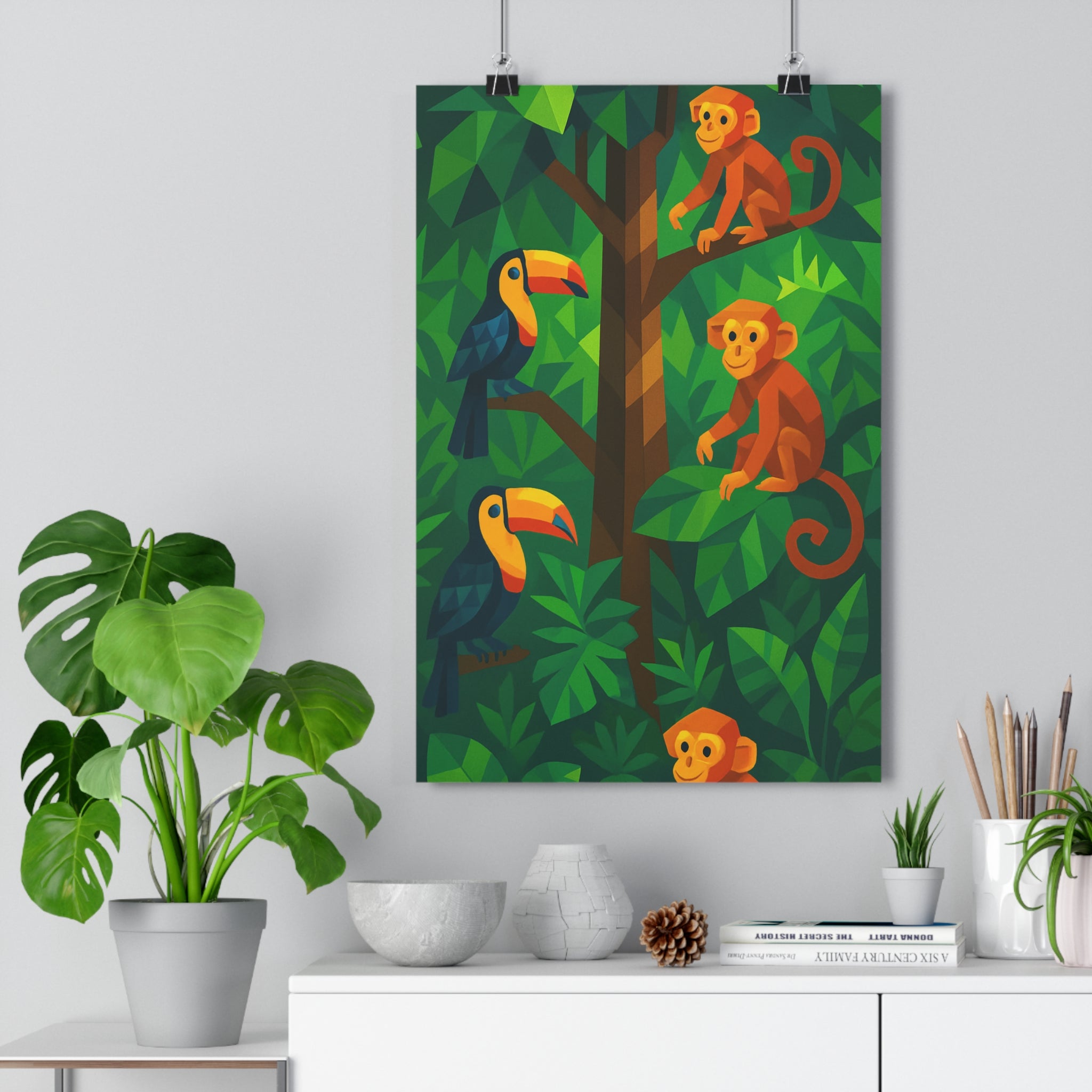 Poster décoratif jungle géométrique vert orange bleu cartoon exotique joyeux salon chambre bureau XXL