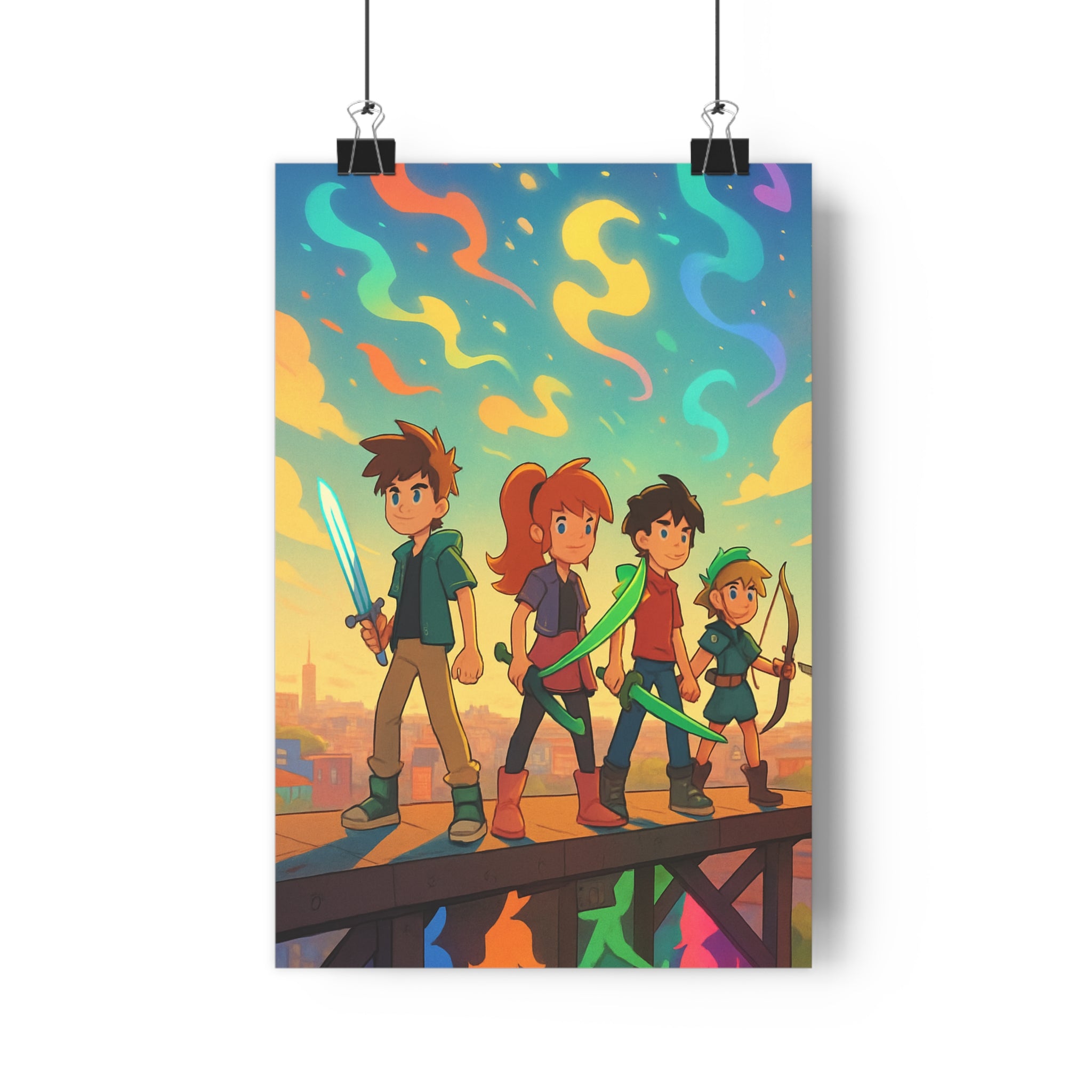 Poster décoratif animé pastel vibrant aventure épée lumineuse arc salon chambre coloré unique qualité