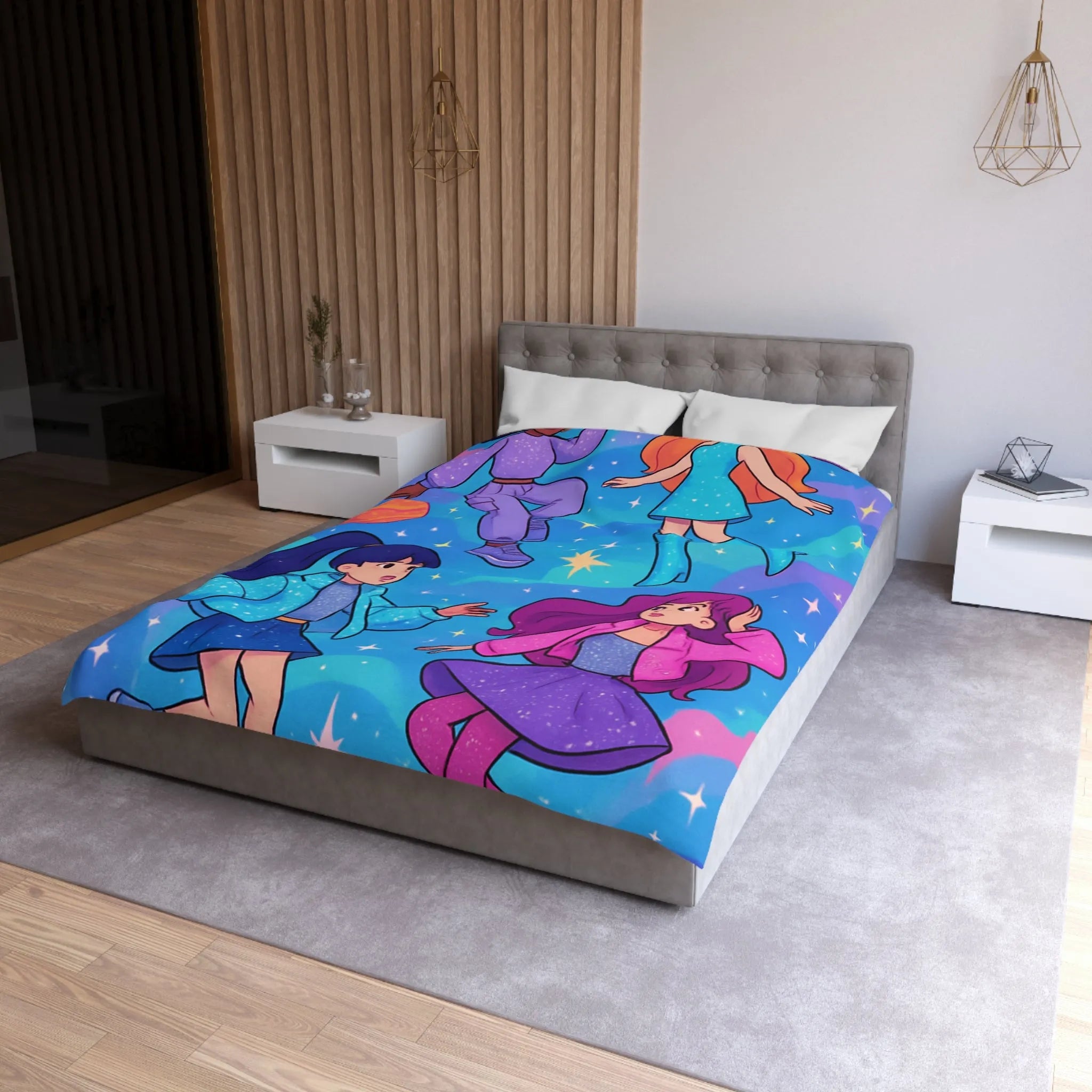 Housse de couette colorée avec filles dans l'espace et étoiles scintillantes joyeuses