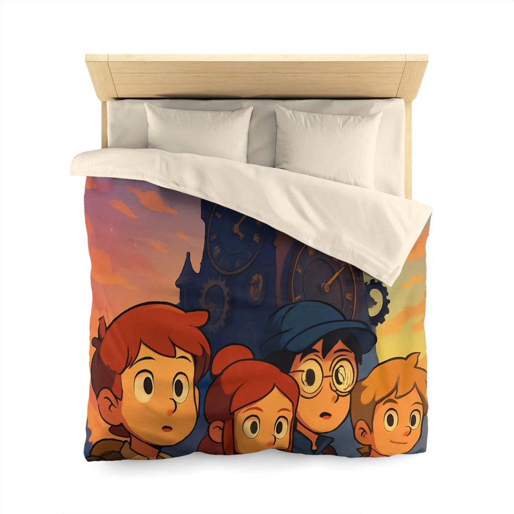Housse de couette illustrée aventure jeunesse horloges coucher de soleil style animé vibrant